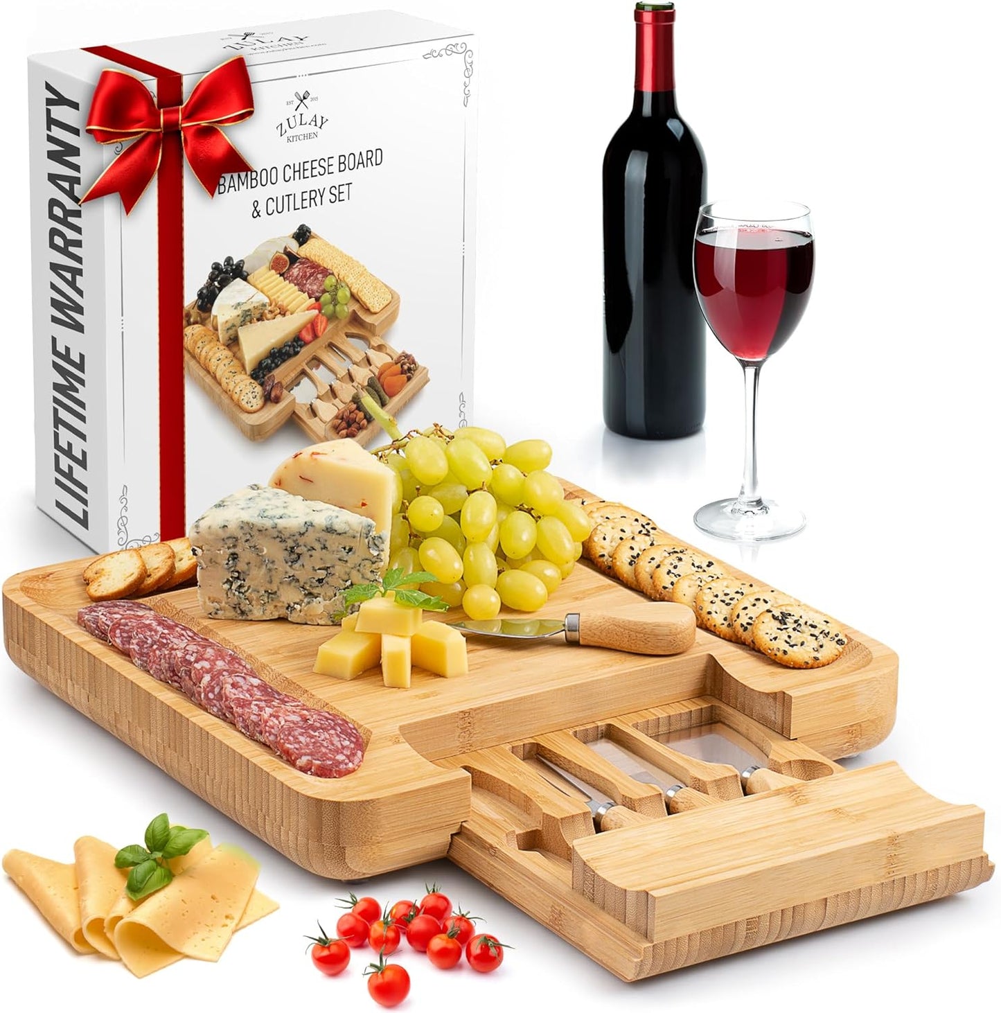 Zulay Kitchen Bamboo Cheese Board Set - Extra Thick Charcuterie Board with 4-Piece Knife Set | Perfect for Wine & Cheese Gifts
