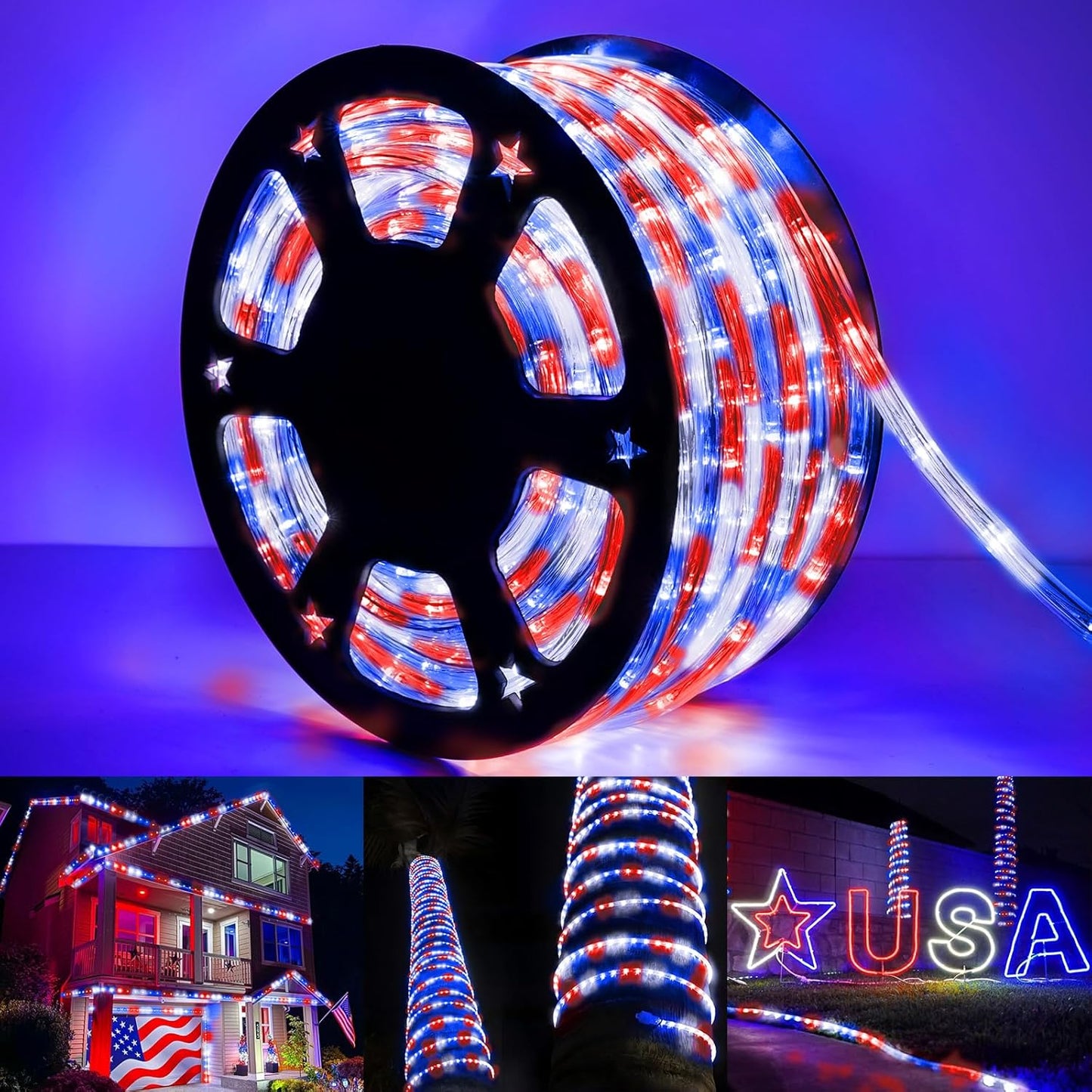 Skiennix 100ft LED Rope Lights - Waterproof, Connectable & Flexible Tube Lights | 8 Modes, Red, White & Blue