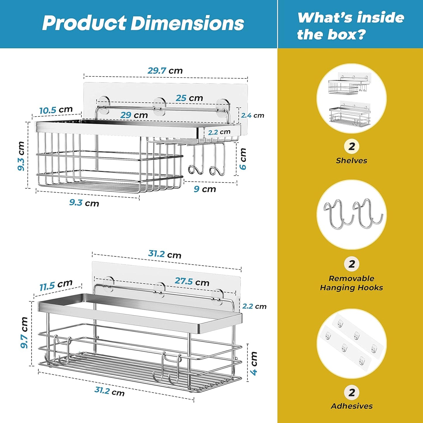 KESOL Shower Caddy - Rustproof SUS304 Stainless Steel Bathroom Shelf Organizer | No Drilling, 2 Pack, Silver