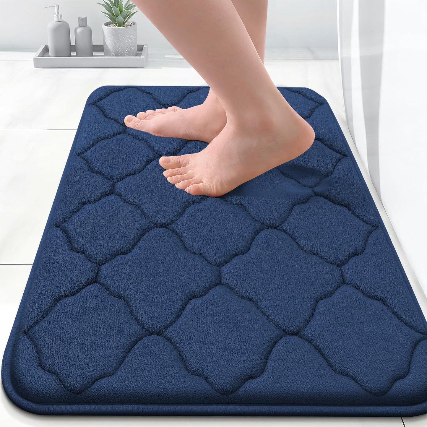 OLANLY Memory Foam Bath Mat Rug - Ultra Soft, Absorbent & Non-Slip | 24x16 Navy Bathroom Carpet