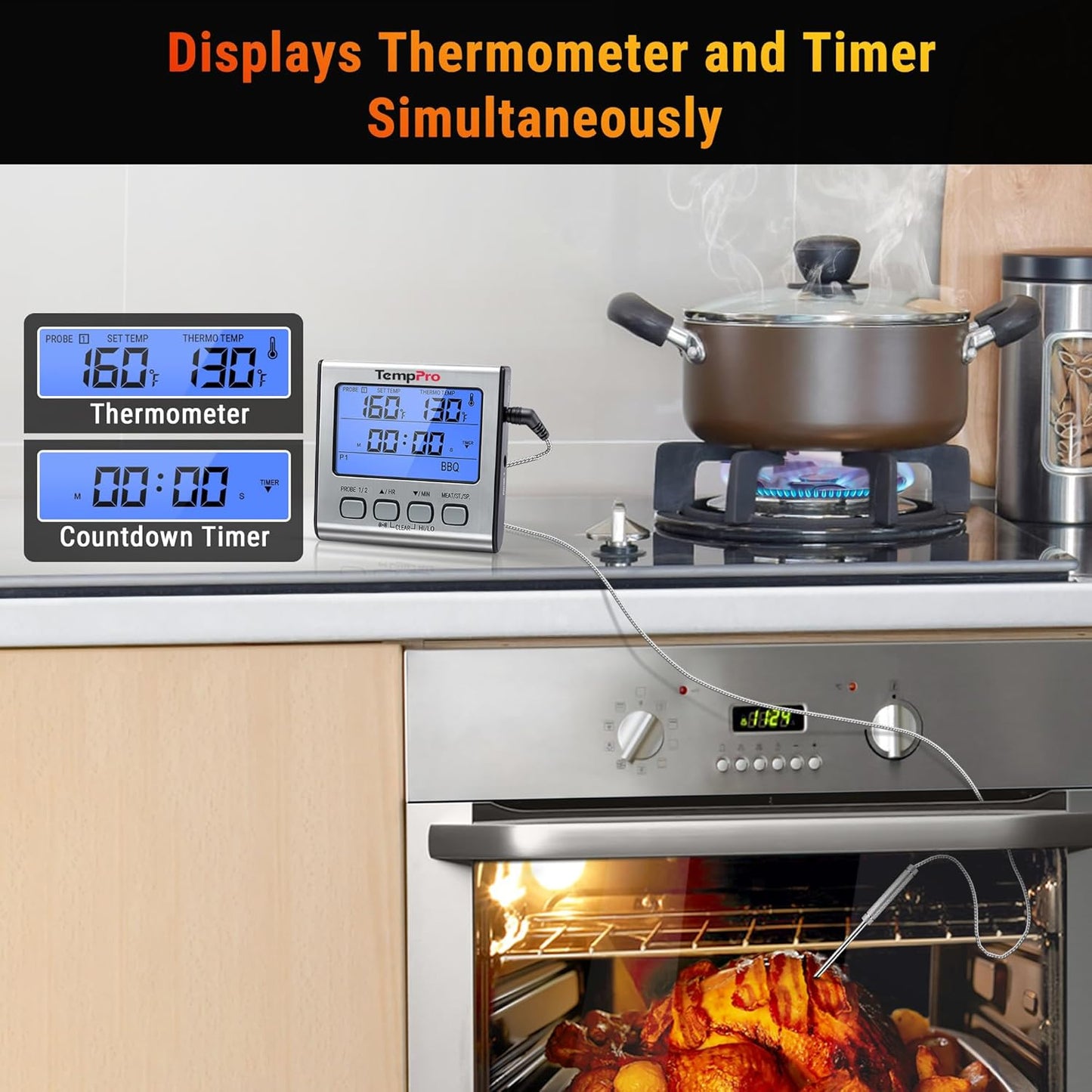 TempPro TP17 Dual Probe Digital Meat Thermometer - Large LCD Backlight & Timer Mode for BBQ, Silver