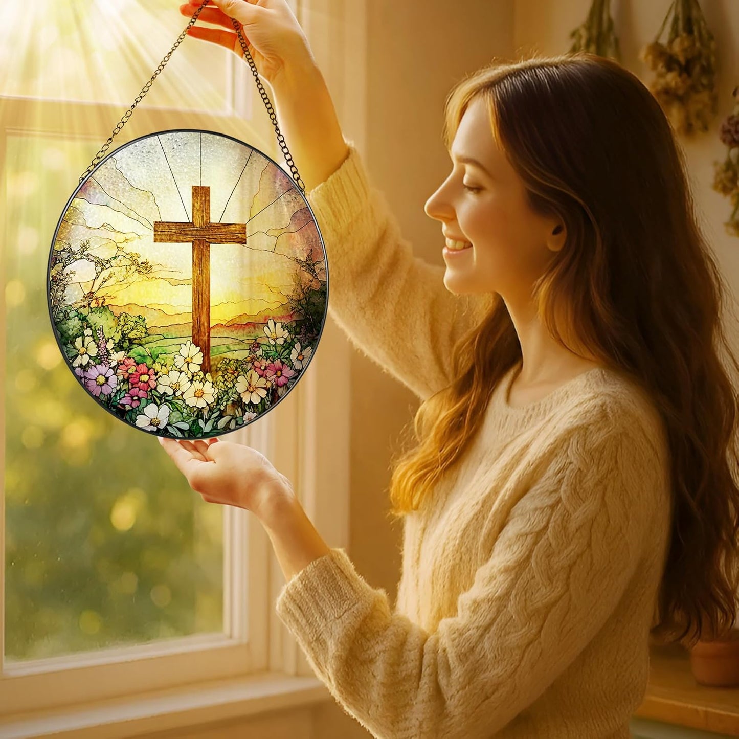 Skiennix 8-Inch Stained Glass Cross Suncatcher - Beautiful Wildflower Design for Easter & Home Decor