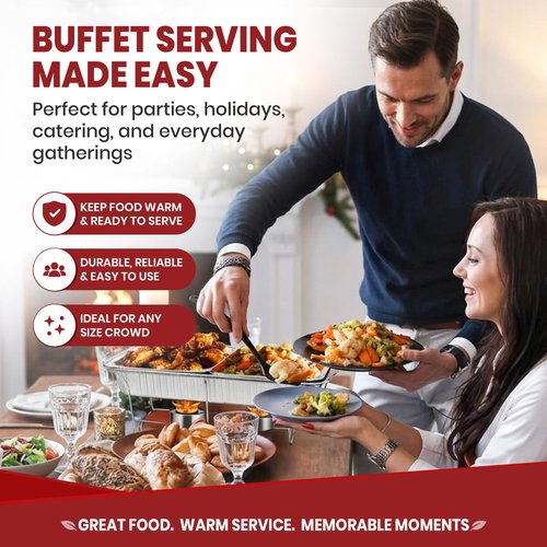Disposable Chafing Dish Buffet Set, 33 Piece of Chafing Servers with Food Warmers, Covers, Half-Size Food Pans, Water Trays, Serving Utensils, Foil Lids and 4Hr Fuel Cans for Parties, Catering