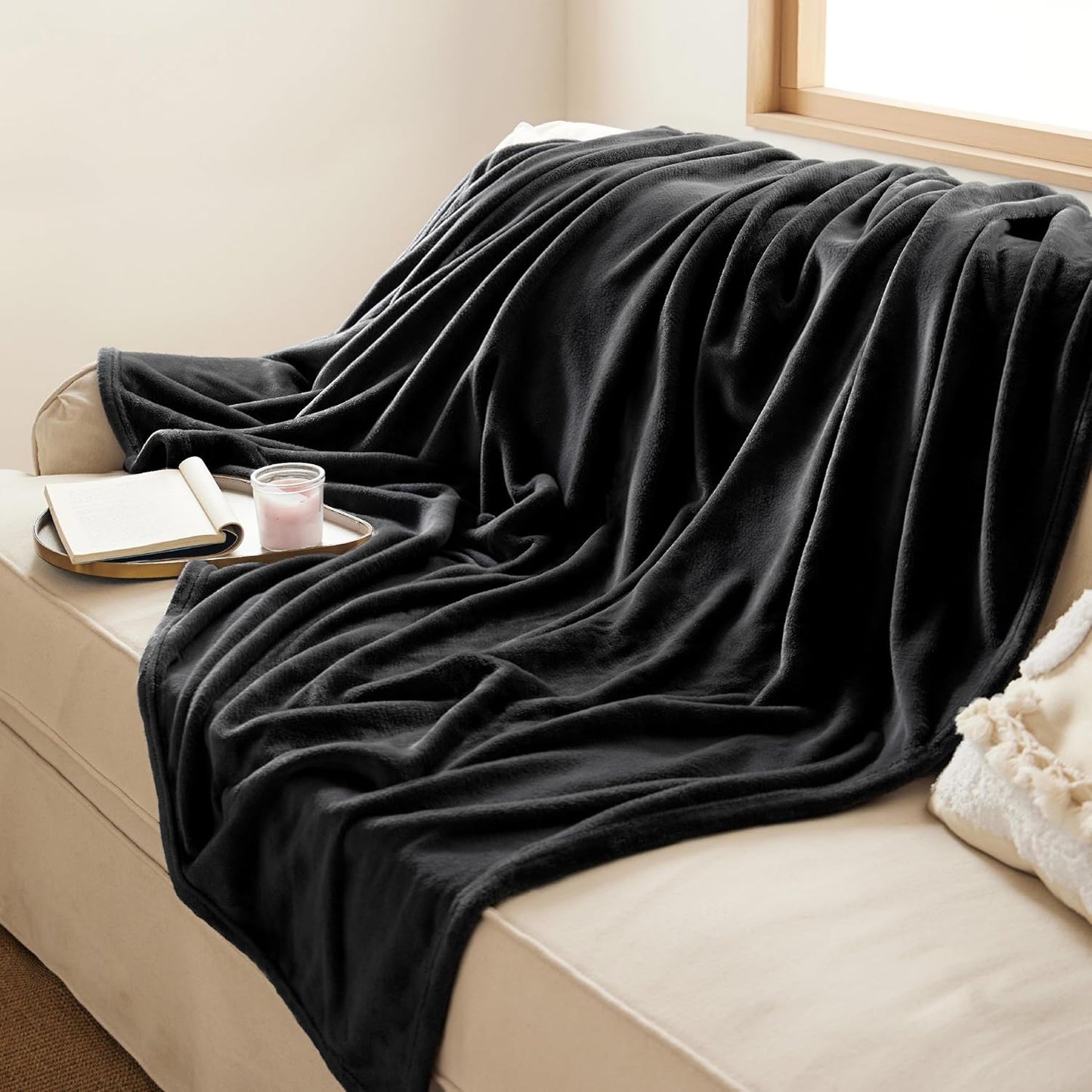 Bedsure GentleSoft Fleece Throw Blanket - XL 300GSM Plush & Cozy for Bed, Sofa, Travel | Black 50x70 Inches
