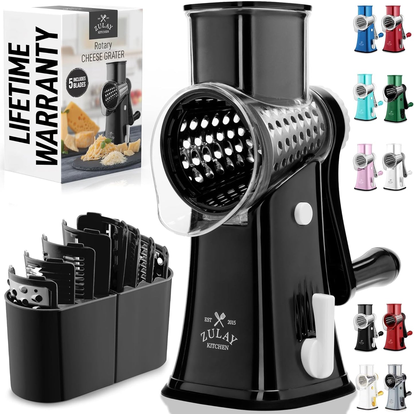 Zulay Kitchen Rotary Cheese Grater - 5 Blade Manual Hand Crank Shredder with Suction Base & Interchangeable Drums