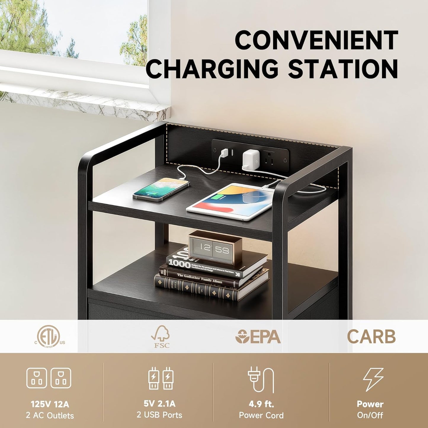 Lazzanto Night Stand | Modern Bedside Charger with LED Light Strip & Storage Drawers - USB Ports & AC Outlets