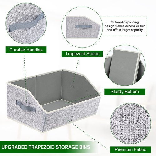 Homsorout Closet Organizers Bins 6 Packs - Large Closet Shelf Organizer with Handles, Fabric Trapezoid Storage Bins, Collapsible Storage Cubes for Clothes, Towels, Light Gray