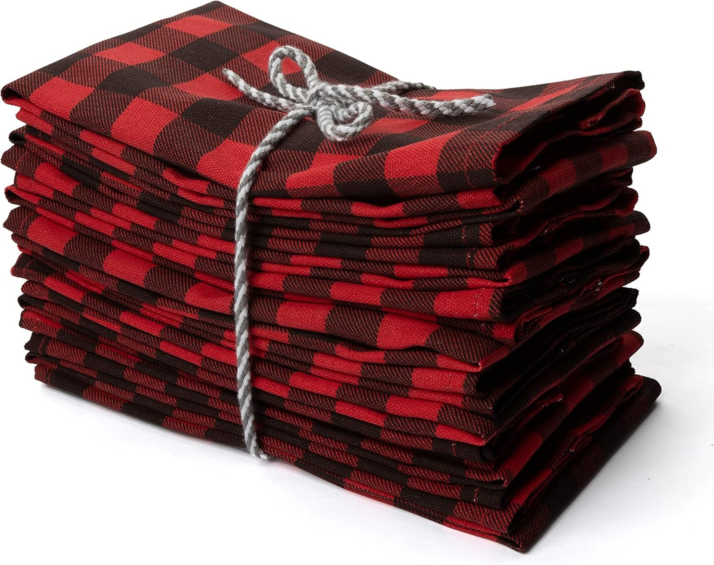 PERLLI Kitchen Cloth Napkins - Buffalo Plaid Red & Black - 100% Cotton, 18x18 Inches | 12 Pack, Washable & Reusable for Holiday Decor