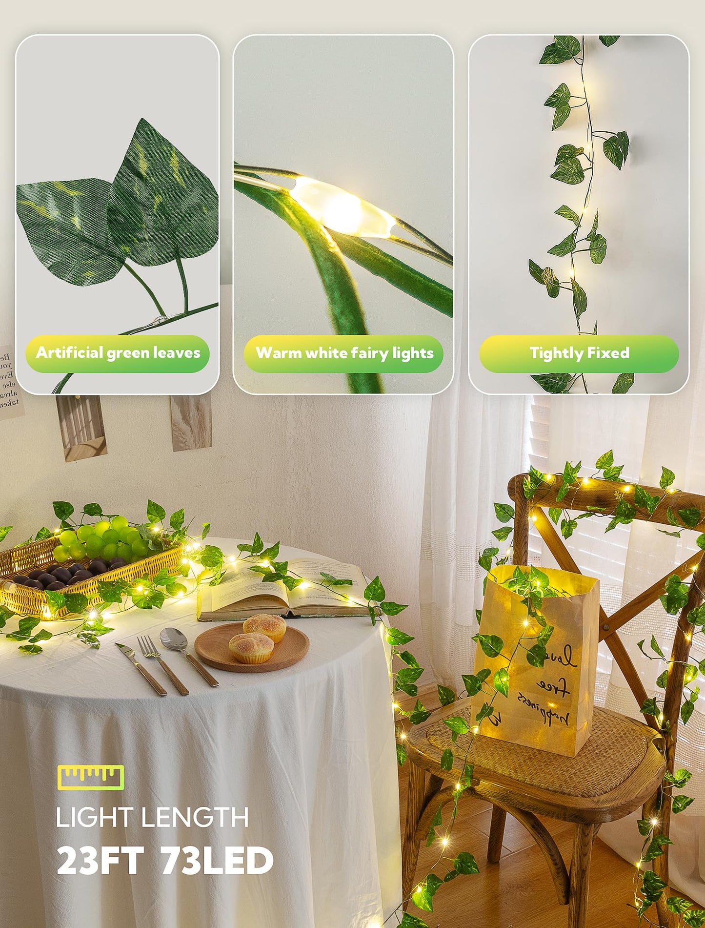 woohaha Vine with Fairy Lights,23ft 73LED Ivy String Light with Battery Operated,Leaf Light for Bedroom, Room, Wall, Garden, Party, Wedding Decor (Warm White)
