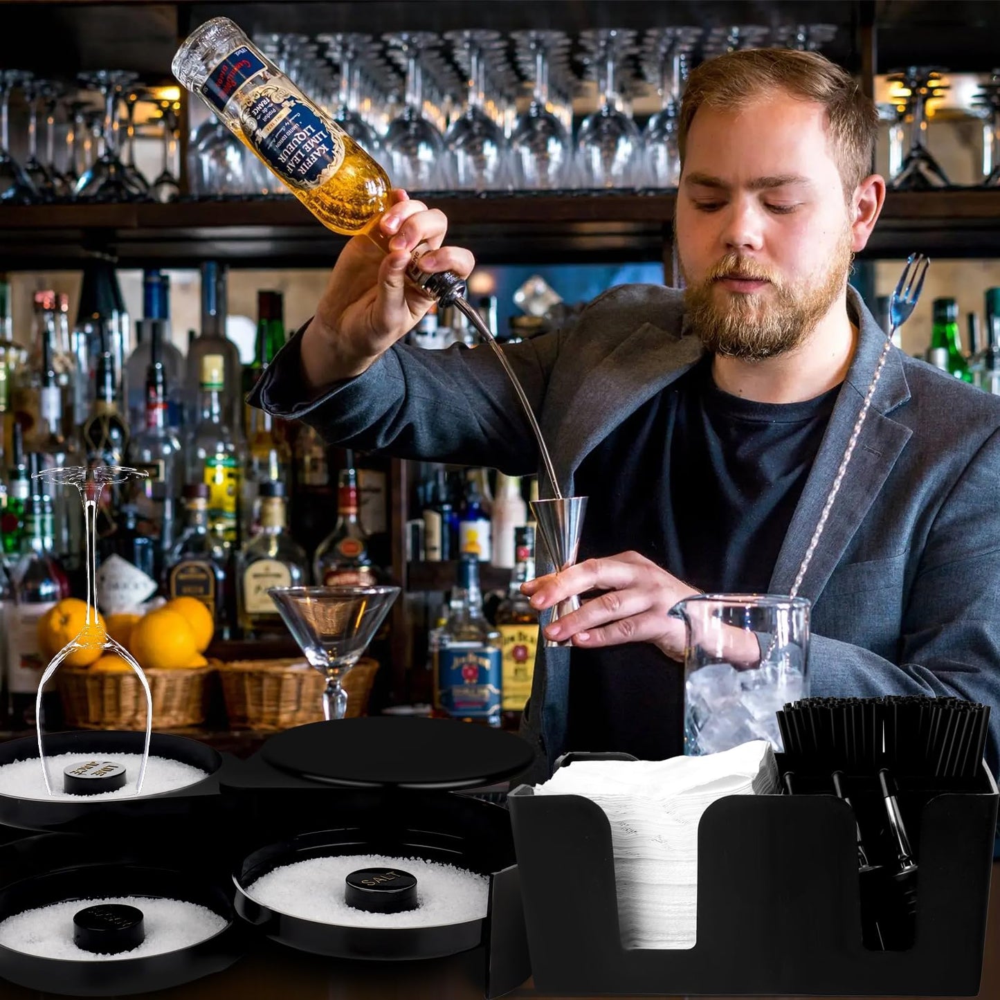 3 Tier Bar Glass Rimmer Bartender Tool Accessories with 12 Pcs Stainless Steel Liquor Pour Spout Garnish Caddy with 6 Compartment and 200 Pcs Napkin,500 Black Cocktail Straws
