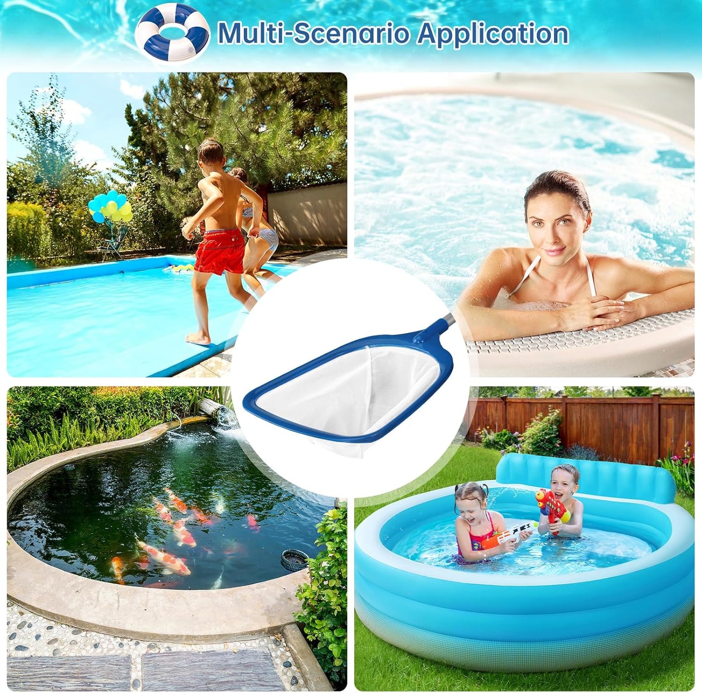 Skiennix Pool Skimmer Net - Professional Leaf Rake Cleaning Tool with Fine Nylon Mesh Bag - Blue & White
