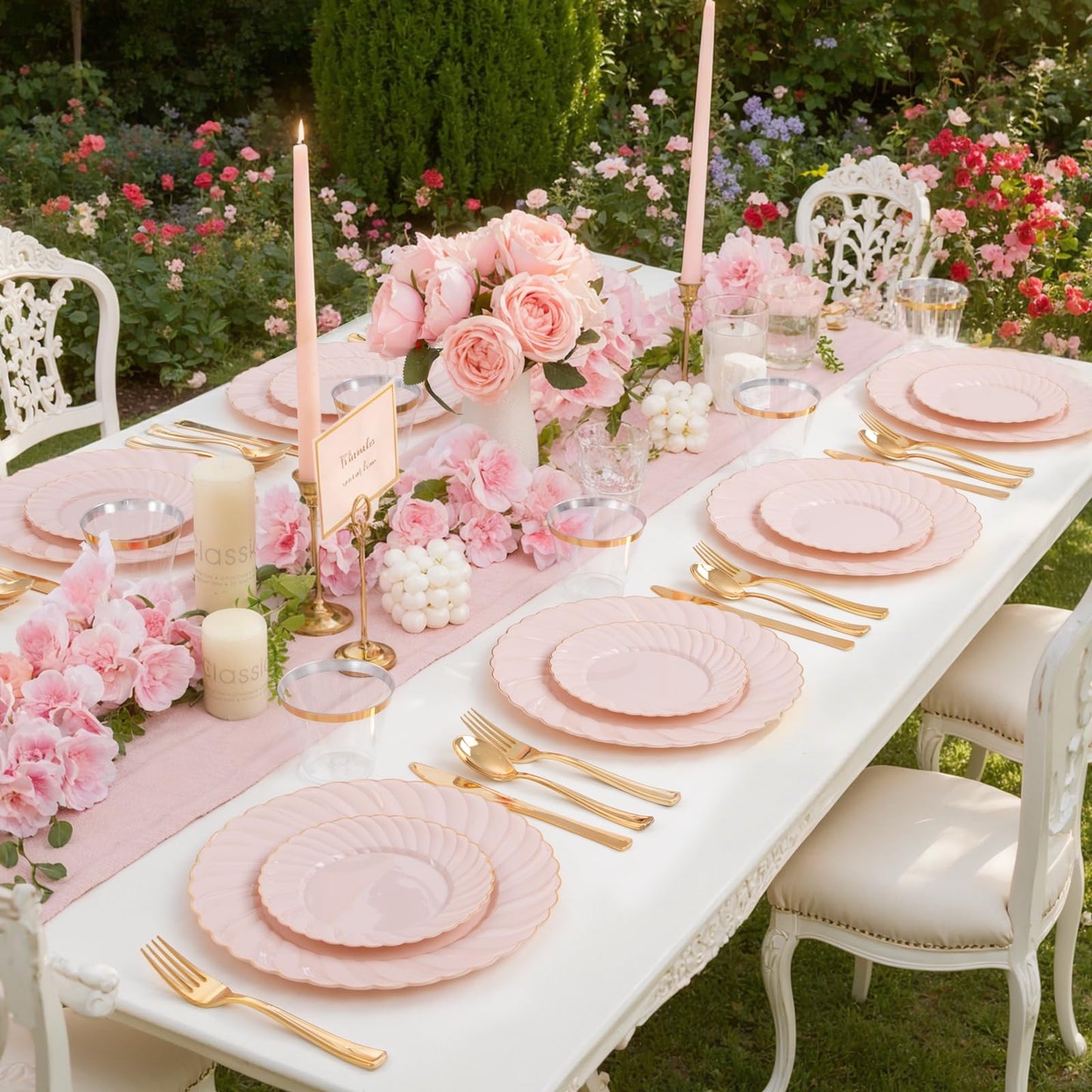 YOUBET 125Pcs Pink Plastic Plates with Gold Rim - Scalloped Plastic Plates Set Includes 25 Dinner, 25 Dessert Plate, 75 Gold Silverware for 25 Guests for Wedding Birthday Baby Shower Mothers Day
