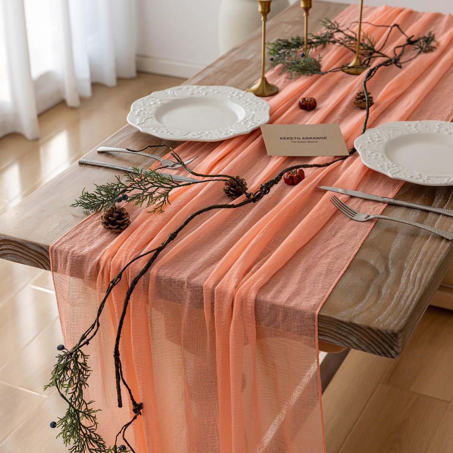Keketoarrange 3pcs Fresh Salmon Cheesecloth Table Runner Valentines Decor Peach Echo Gauze 120 Inch 10 FT Boho Table Runner for Wedding Baby Shower Bridal Shower Party Sheer Spring Home Decorations