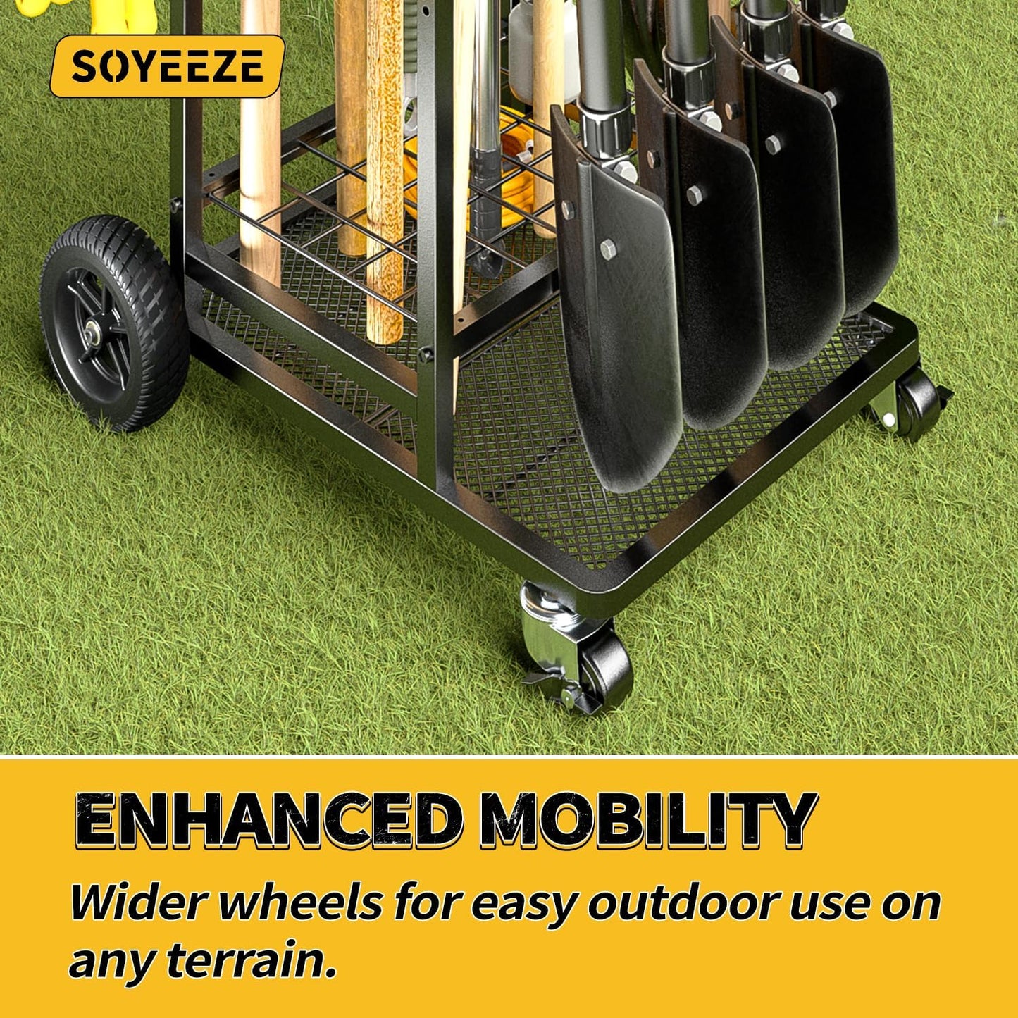SOYEEZE Garden Tool Organizer - Heavy Duty 3-Tier Rack with Large Wheels | Holds 35 Long-Handled Tools