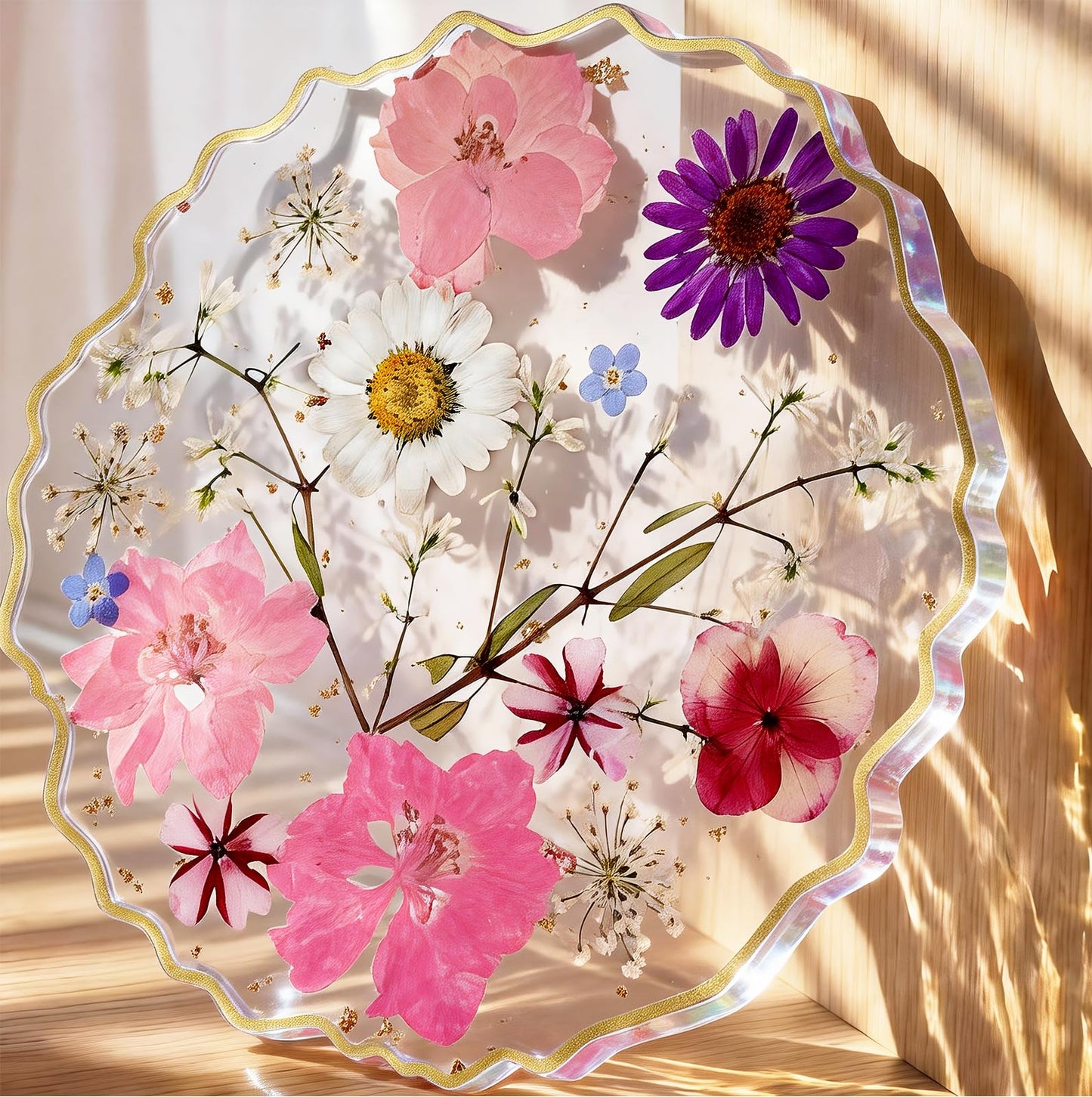 Oqplog Resin Drink Coaster for Desk Coffee Table-Pink White Cute Dried Flowers Cup Coaster for Work Office Home Outdoor Decor Gifts for Girls Women,1 Pcs Wave