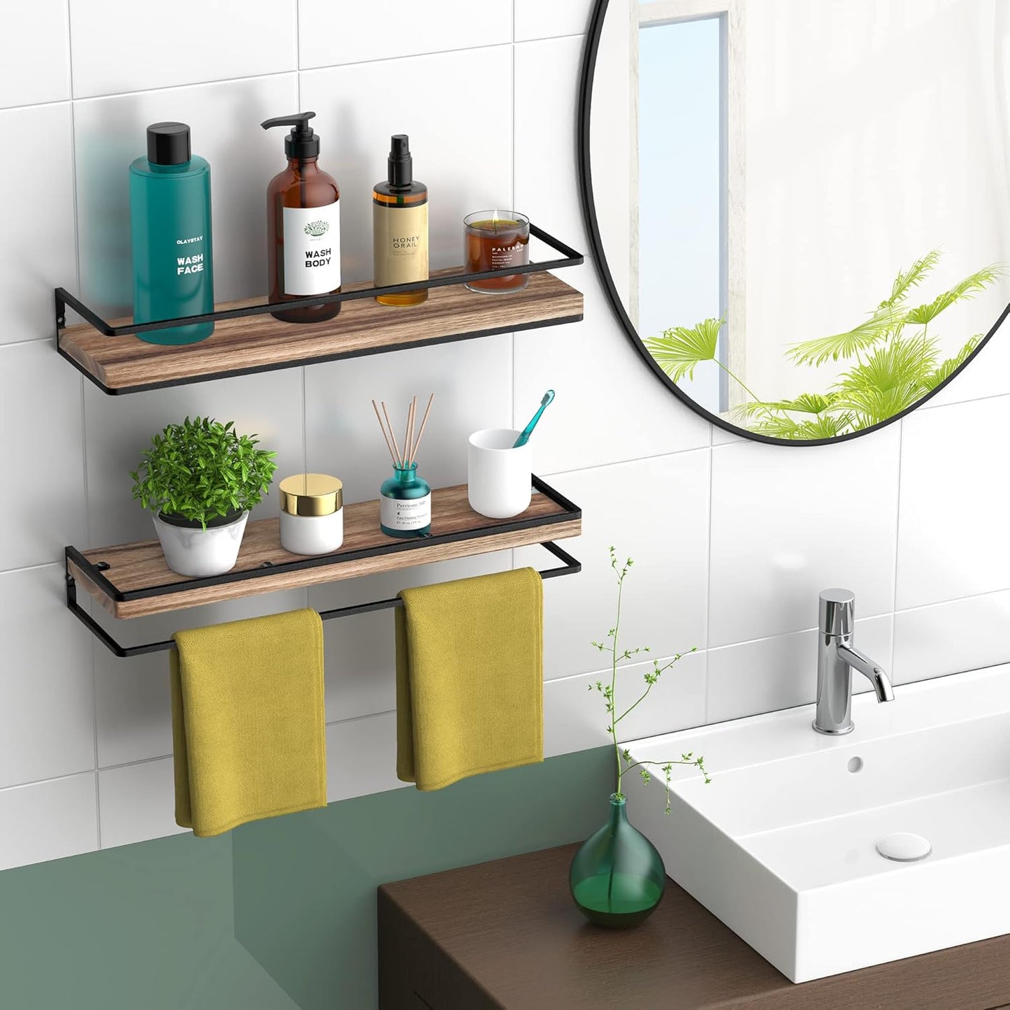 Meangood Floating Shelves - Rustic Wall-Mounted Storage Set of 2 for Bedroom, Living Room & Kitchen