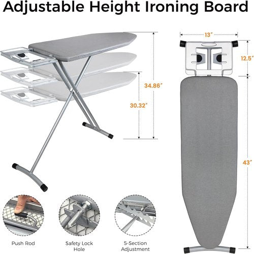 Hvygss Height-Adjustable Ironing Board - Heavy-Duty, Heat-Resistant Design | Foldable & Sturdy Steel Legs (Grey, 43x13)