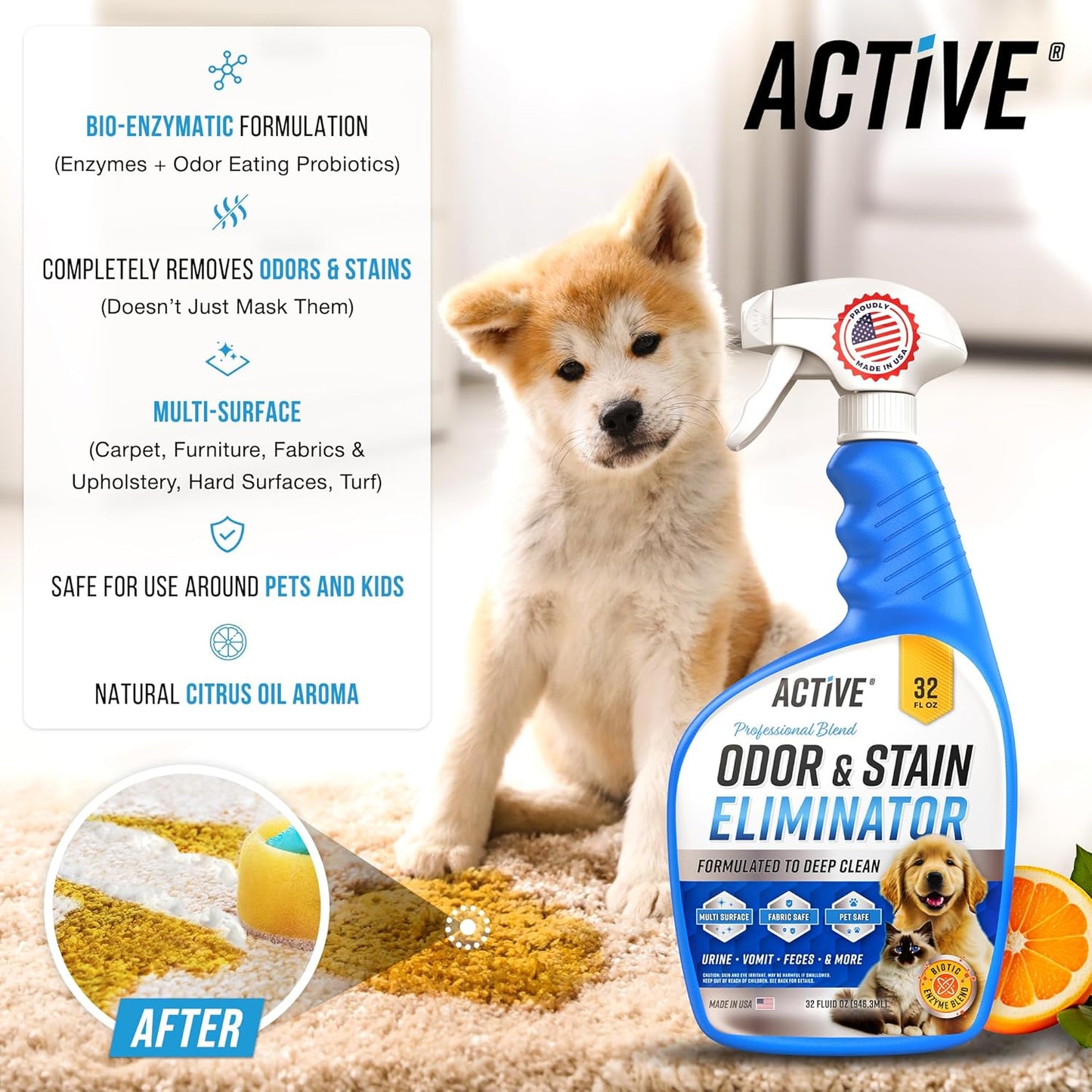 Pet Odor and Stain Eliminator by ACTIVE - 32 oz Enzyme Cleaner for Dog & Cat Urine, Natural Citrus Deodorizer