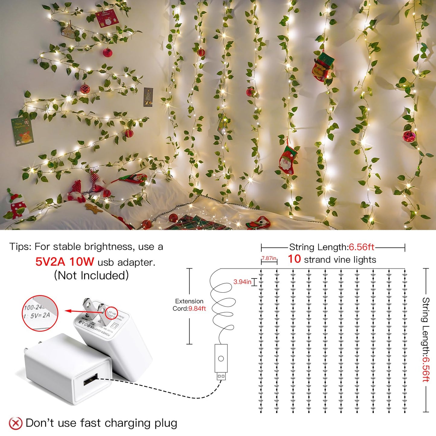 suddus Vines with Lights, 200 LED Fairy Lights with Vines, Pothos Curtain String Lights with Remote for Bedroom, Dorm, Wedding, Party, Wall, Indoor, Outdoor Decor, 6.5ft x 6.5ft