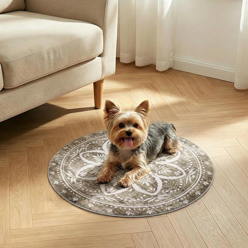 Carvapet 24-Inch Vintage Washable Round Rug - Non-Slip Rubber Backing | Foldable Low Pile Design, Brown