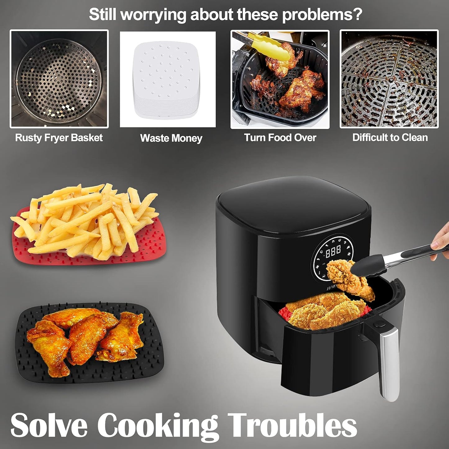 Upgrade Reusable Air Fryer Liners - Patented BPA-Free Non-Stick Silicone Mats | 9-Inch Square & More