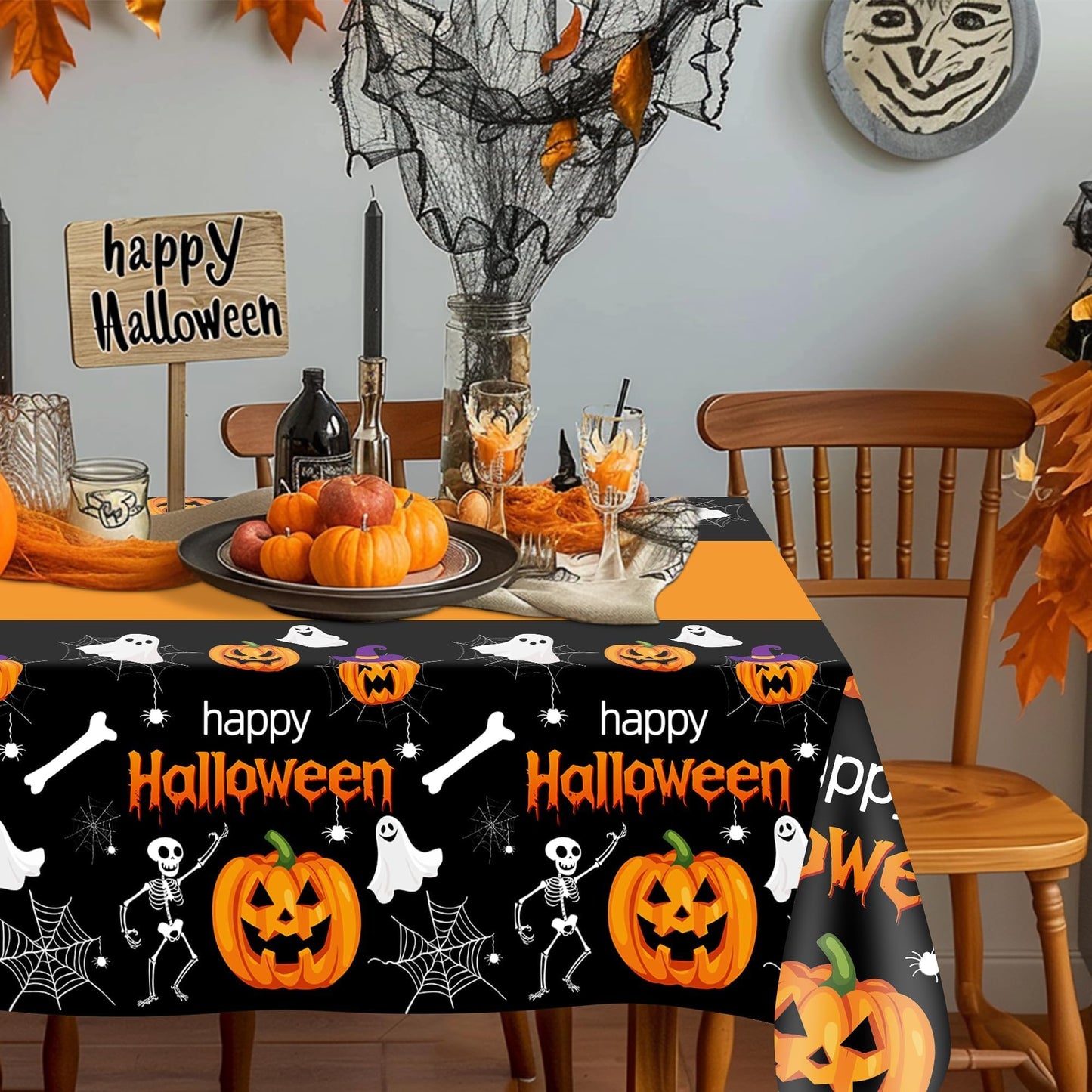 Childom 2 Pack Halloween Tablecloth,Halloween Decorations 54x108 Inch Disposable Plastic Table Cover for Rectangle,Pumpkin Spider Web Ghost Table Cloth for Home Indoor Outdoor Birthday Party Supplies
