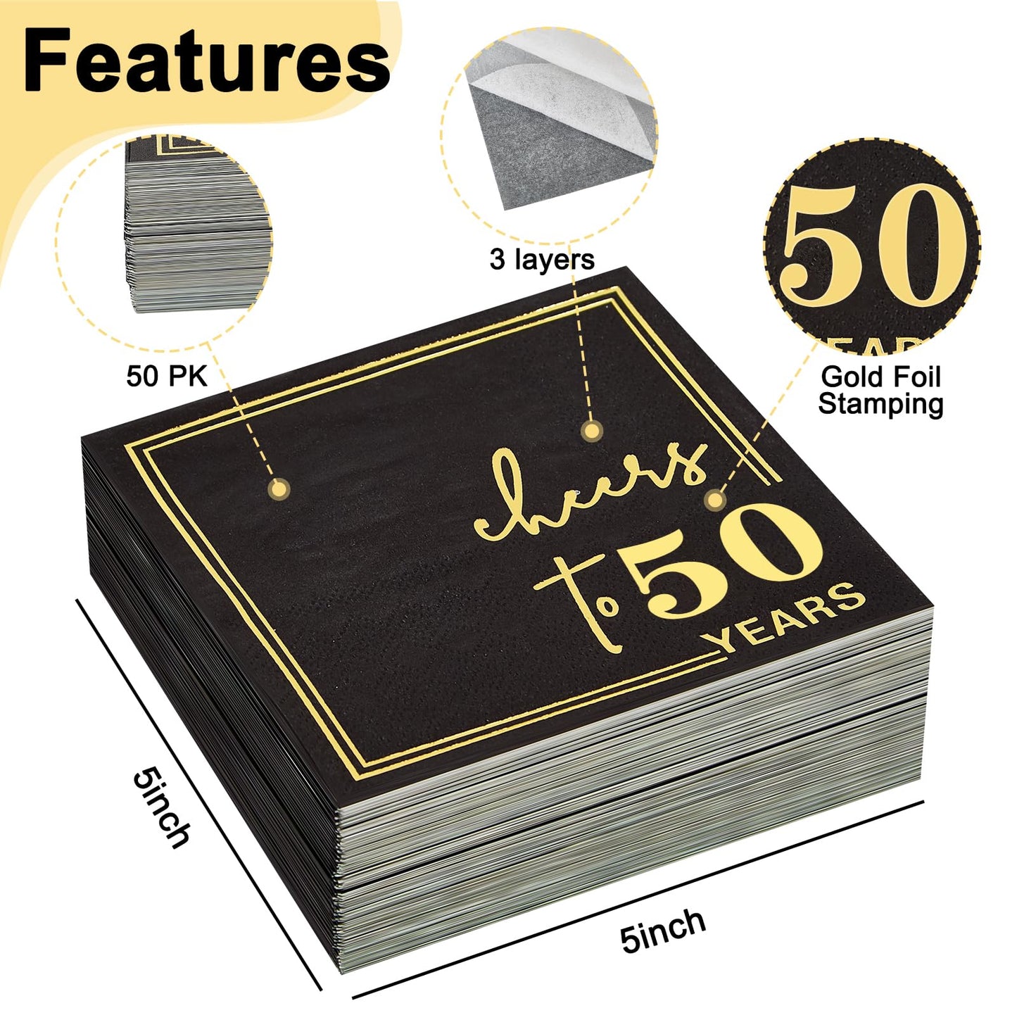 Ottin Cheers to 50 Years Cocktail Napkins, Black and Gold 50th Birthday & 50th Wedding Anniversary Decorations, 3-Ply 5x5 Inch Beverage Napkins, Gold Foil Disposable Party Napkins, 50 Count