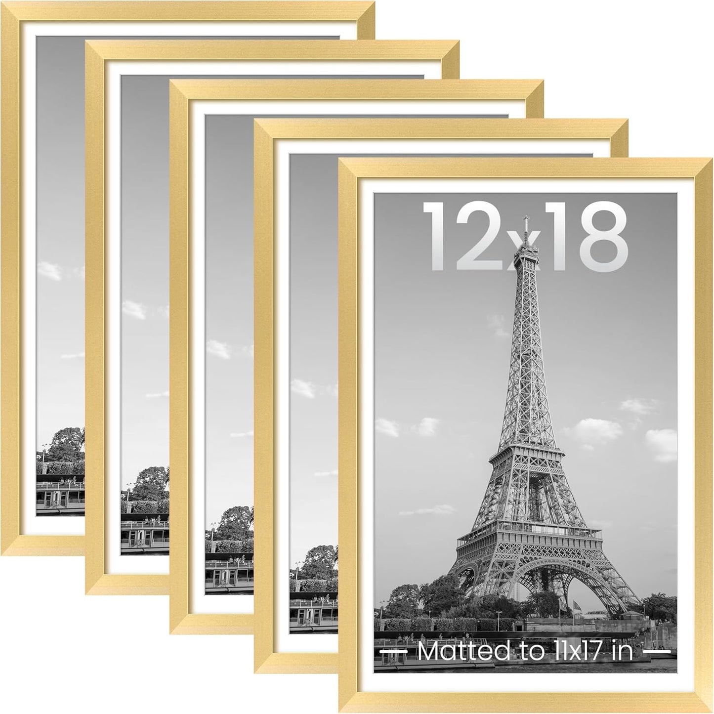 Upsimples 12x18 Picture Frame Set of 5 - Elegant Gold Frames for 11x17 or 12x18 Photos | Wall Gallery Display