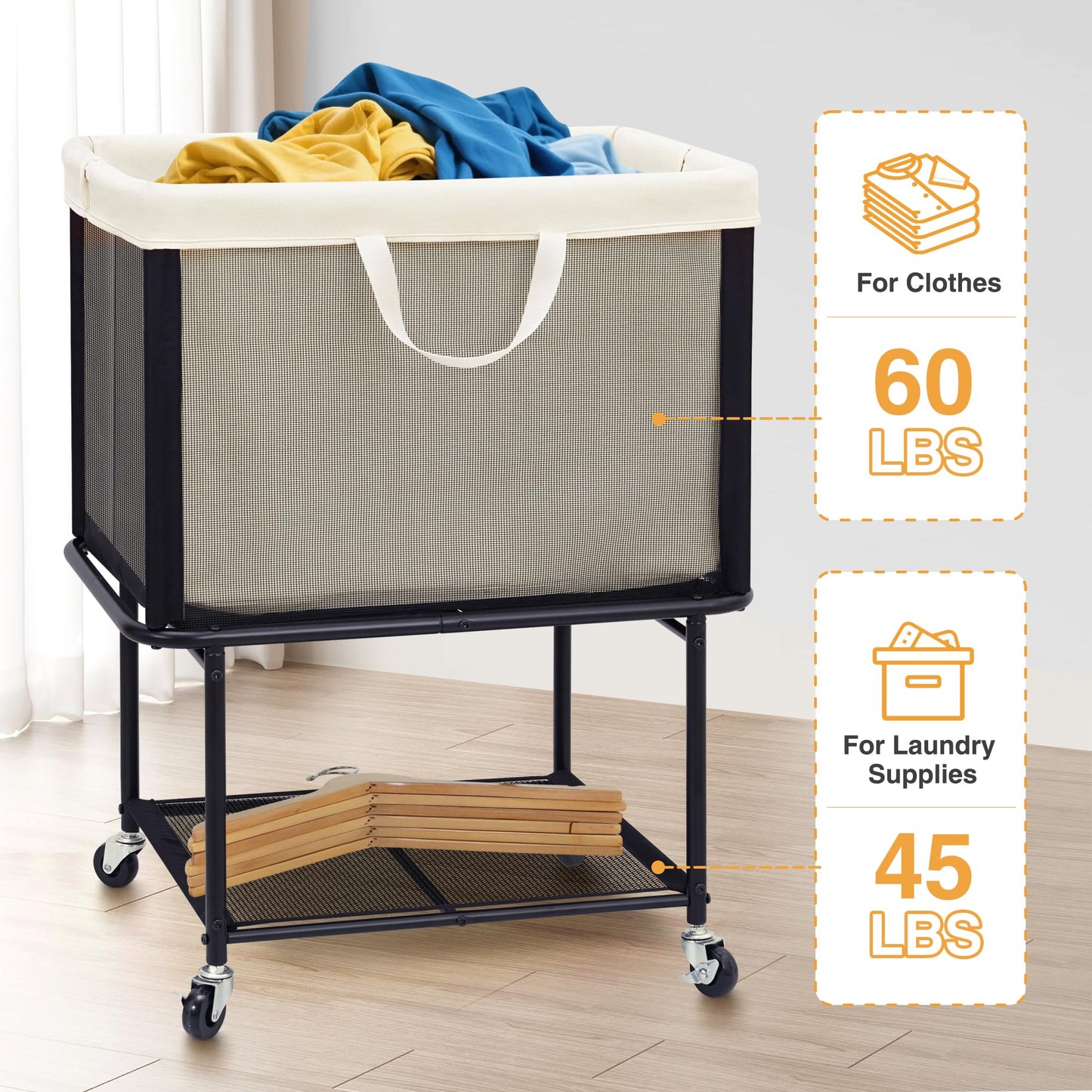 STO STO Rolling Laundry Hamper with Lockable Wheels, 29-Gallon (110L) Laundry Cart with Removable Canvas Bag, 2-Tier Clothes Basket Hamper with Shelf for Closet, Bedroom, Bathroom, Laundry Room