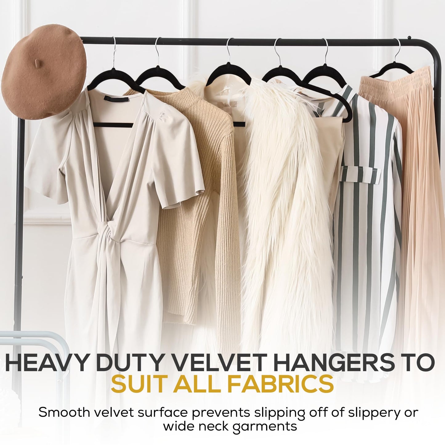 Techzoo 50 Pack New Premium Quality Velvet Hangers Ultra Thin Non Slip Adult Felt Space Saving Hangers for Closet Heavy Duty Coat Pants Jackets Dress Hangers 360° Swivel Hook Hold Upto 10 lbs Black