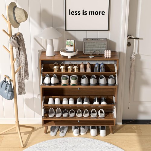 Fsbecl Shoe Storage Cabinet - Narrow Wood Organizer with 2 Flip Drawers | Stylish Walnut Finish for Entryway