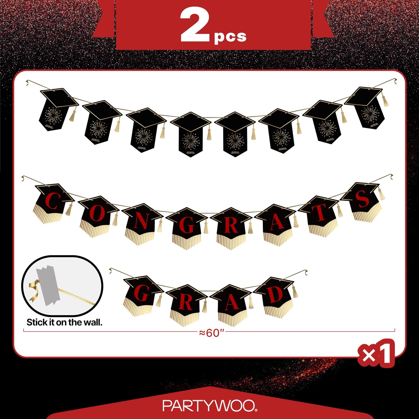 PartyWoo Class of 2026 Black and Red Graduation Banner Decorations 2pcs Black Red 2026 Hanging Congrats Grad Party Banner Supplies for Middle High School College Graduation Party Decorations