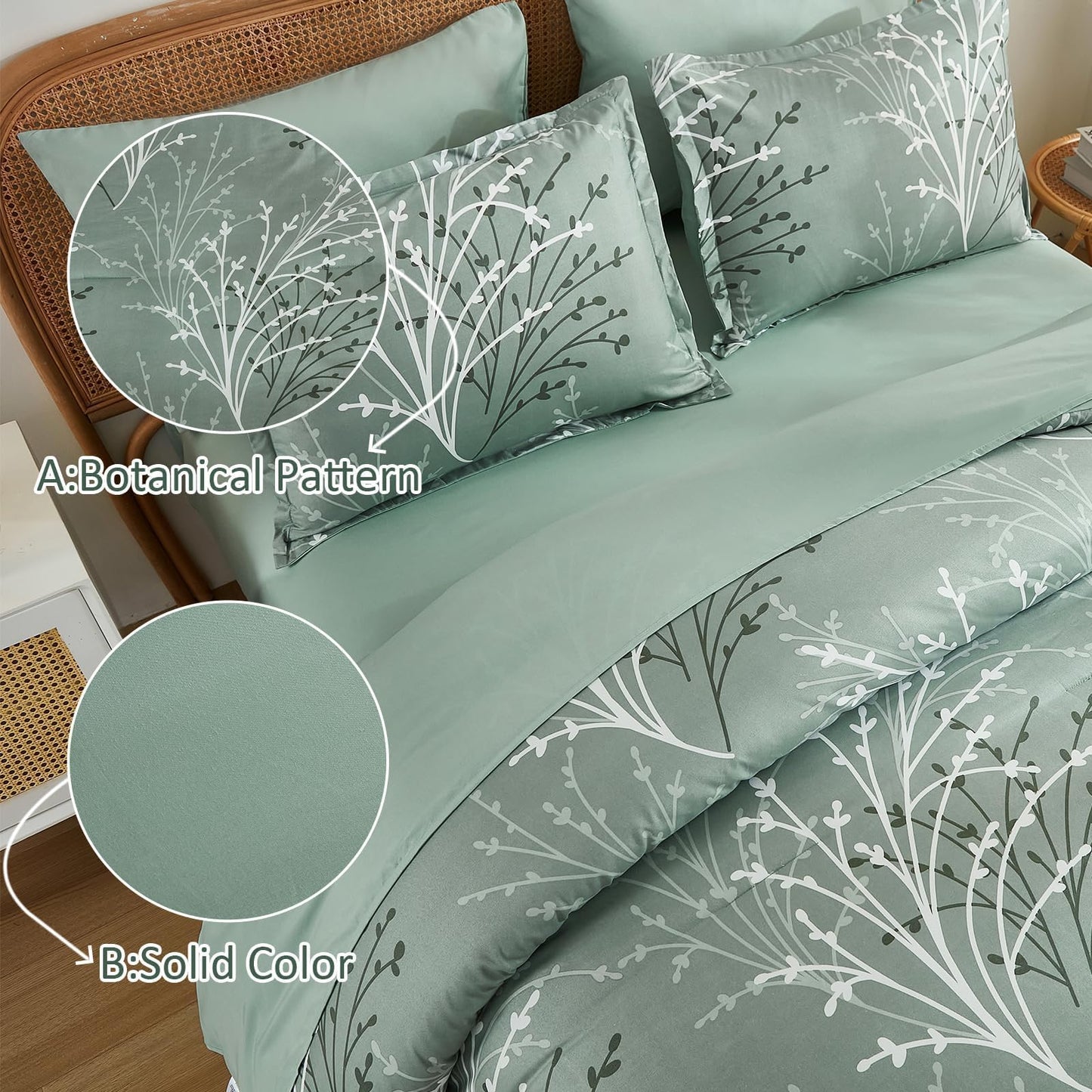 DJY Sage Green Comforter Set Queen Size Branch Botanical 7 Piece Bed in a Bag Green Floral Bedding Sets, Soft Microfiber Branches Leaves Pattern Reversible Comforter Set for All Season (90''x90'')