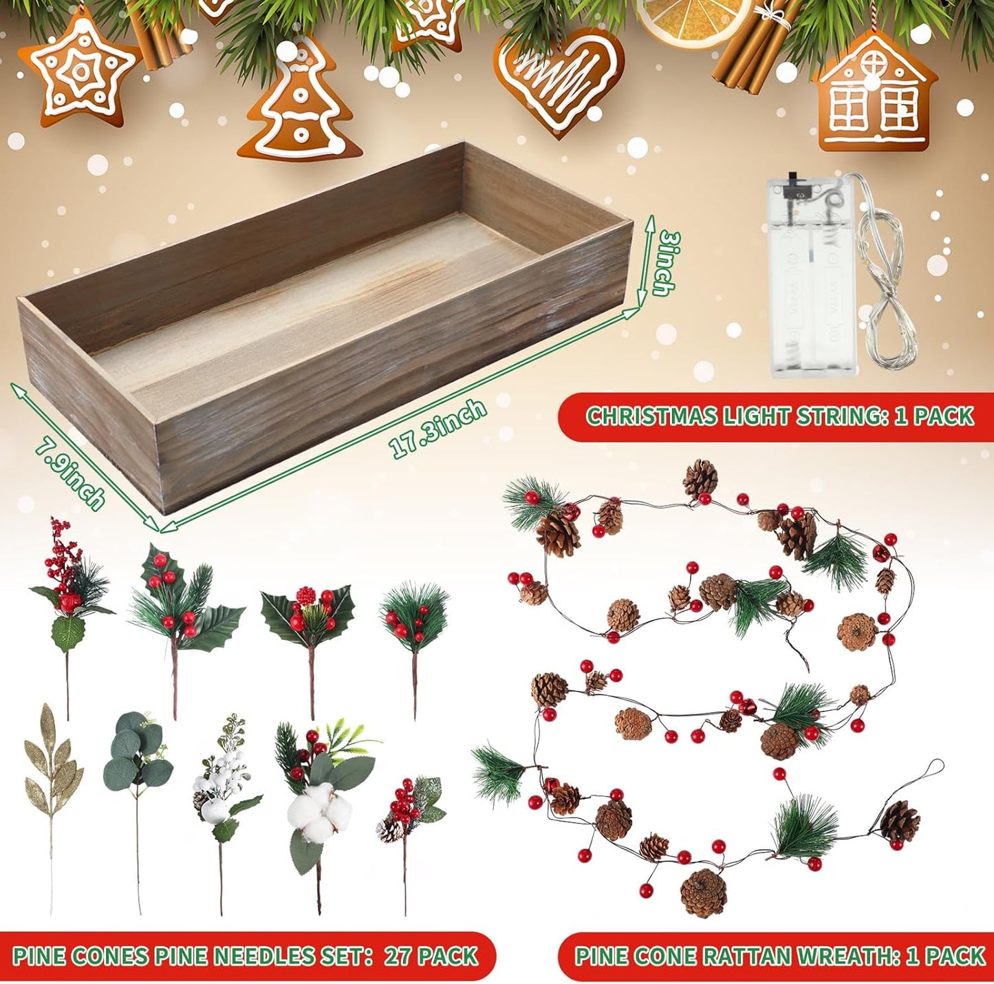Leinuosen Christmas Table Centerpieces - 30 Pcs Floral Berry Rattan Garland with LED Lights