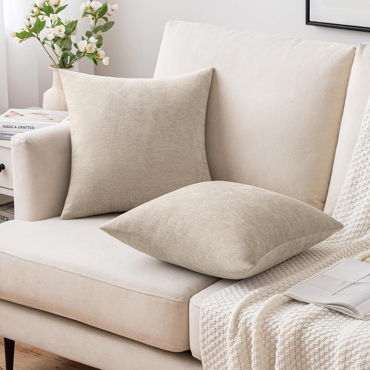 MIULEE Decorative Pillow Covers - Soft Chenille Farmhouse Cushions | Pack of 2, 16x16 Inch, Beige