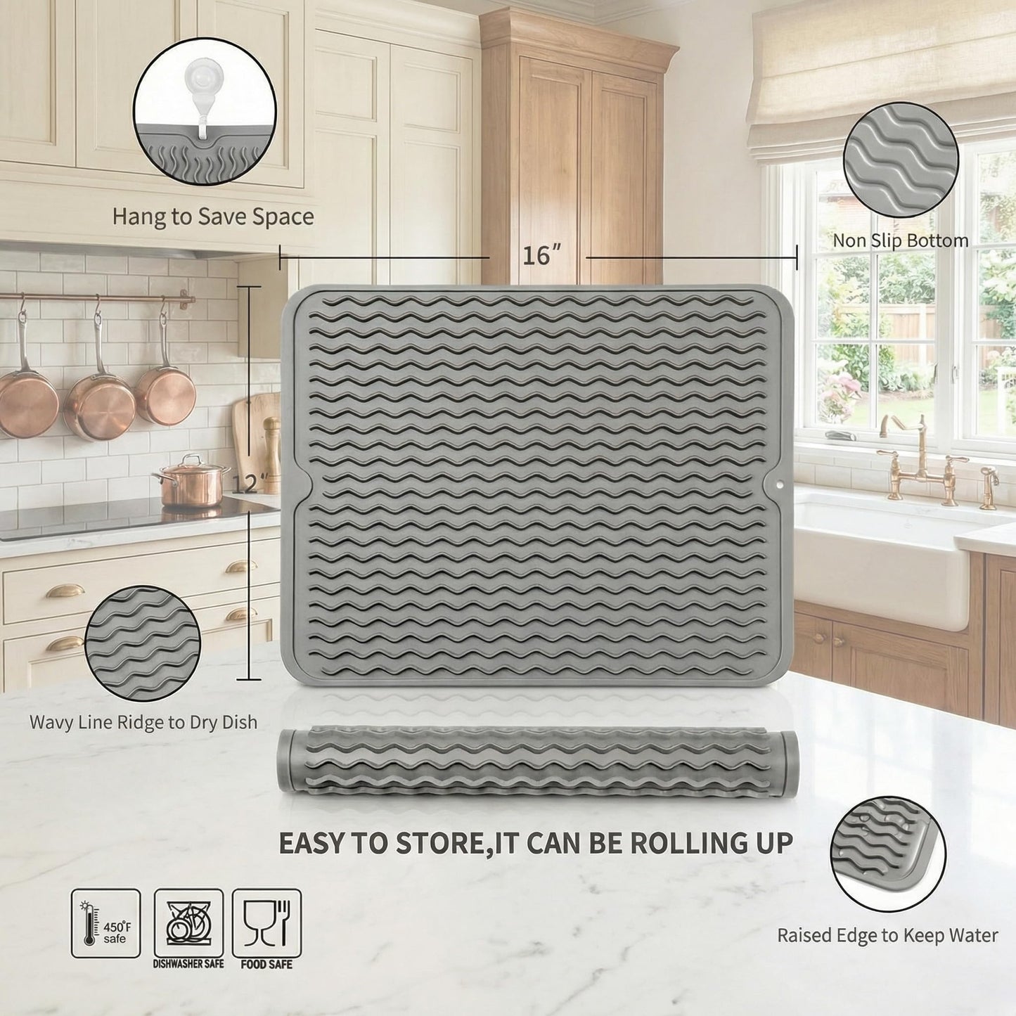 MicoYang Silicone Dish Drying Mat for Kitchen Counter or Sink, Refrigerator or Drawer Liner, Easy Clean, Eco-Friendly, Heat-Resistant, Grey, 16 inches x 12 inches