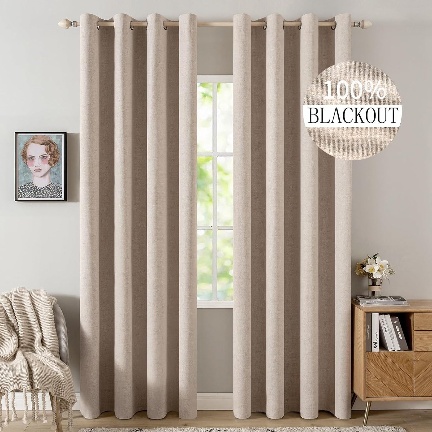 MIULEE Blackout Curtains - 100% Linen Textured Thermal Insulated Drapes | Natural Beige, 52 x 72 Inch (2 Panels)