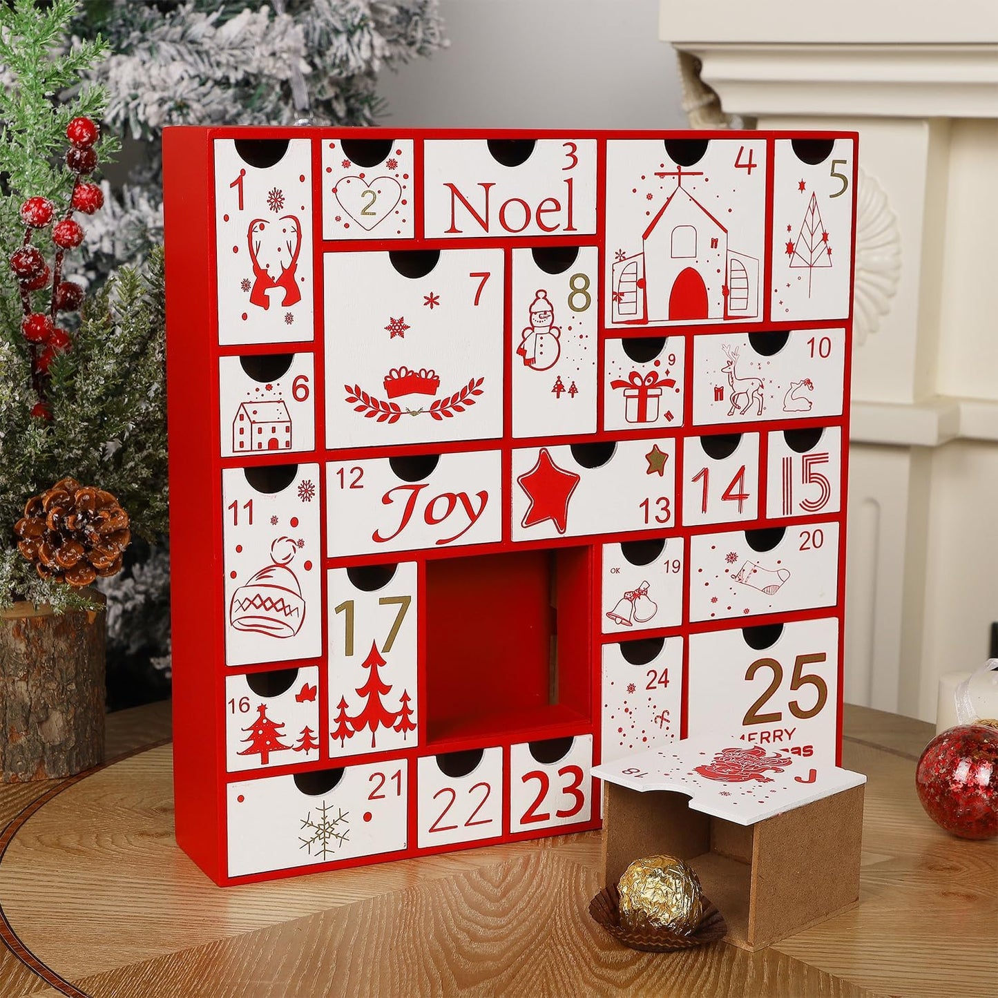 Juegoal Red Advent Calendar - 11.8 Inch Wooden Countdown Calendar with 25 Large Drawers | Hand-Painted Holiday Decor