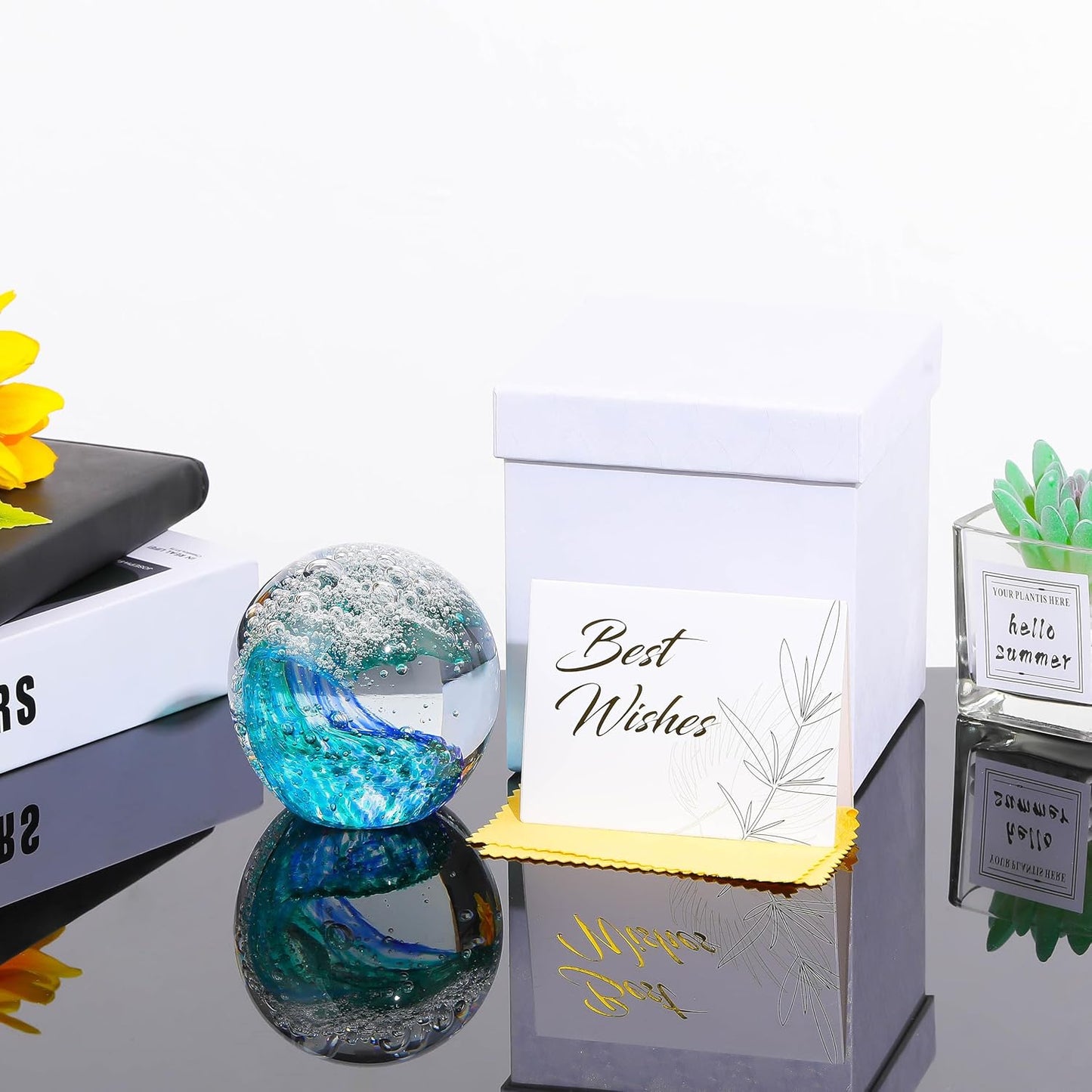 Qianwei Hand Blown Ocean Waves Crystal Ball - Unique Glass Collectible Figurine | Stunning Aquarium Decor