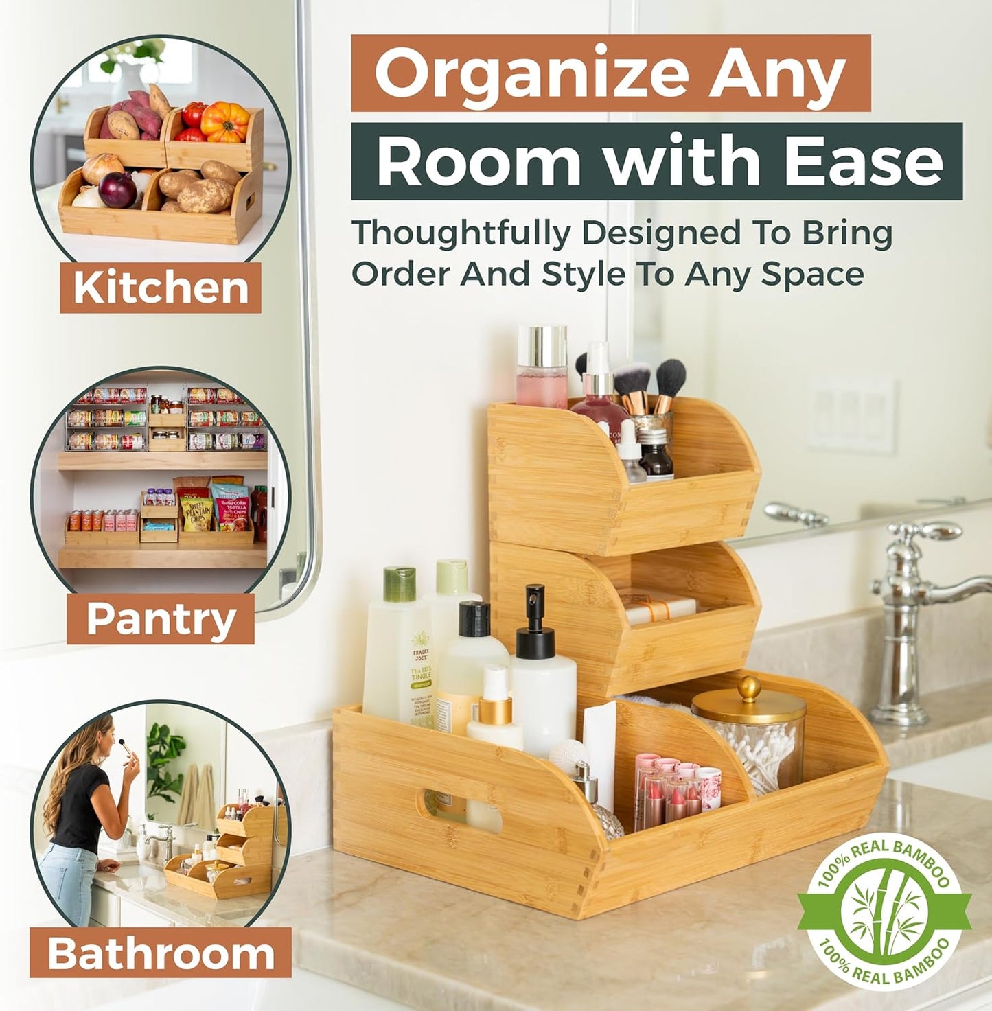 Regine Switzerland Potato and Onion Storage Bin - Ventilated Bamboo Organizer Baskets | Stackable 3-Pack for Pantry & Kitchen