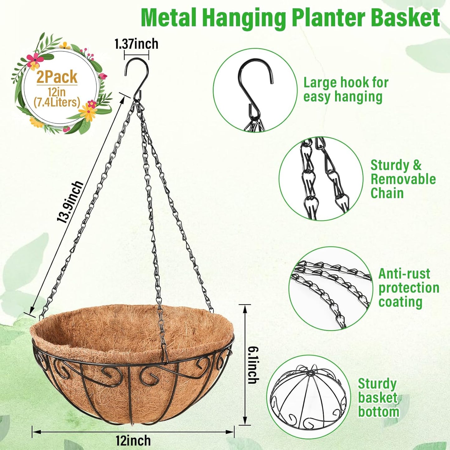 Legigo 12-Inch Metal Hanging Baskets for Outdoor Plants - Round Wire Planters with Coconut Coir Liner