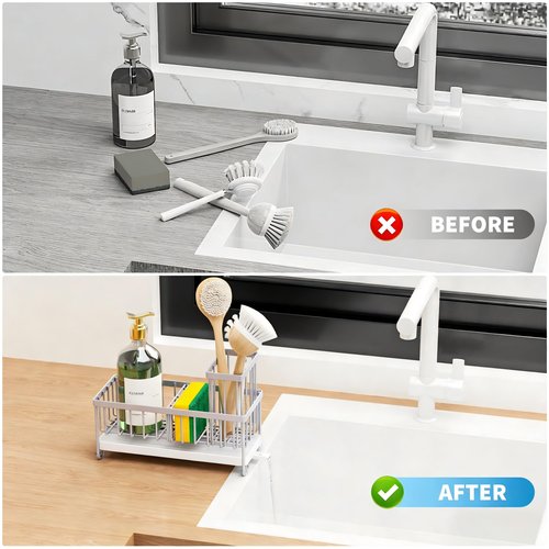 Cisily Sponge Holder for Kitchen Sink, Sink Caddy Organizer with High Brush Holder, Kitchen Countertop Organizers and Storage Essentials, Rustproof 304 Stainless Steel (Gray, 9.25″)
