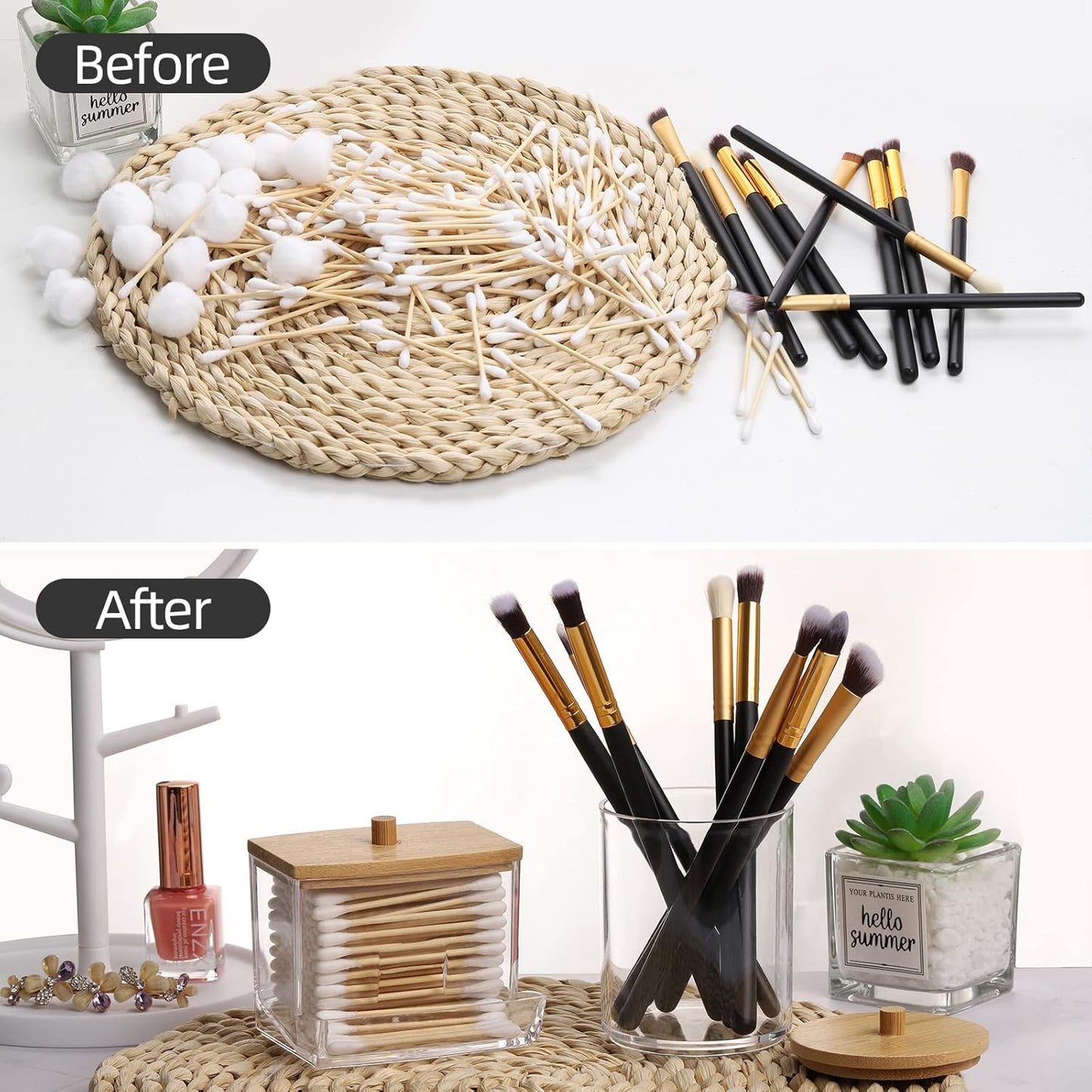 Tbestmax Cotton Swab Holder - Stylish Apothecary Jar Organizer with Wood Lid | 10/7 Oz Capacity