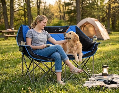 FAIR WIND Oversized Padded Camping Chair - Heavy Duty Double Loveseat Couch | Supports 650 LBS, Blue
