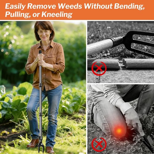 GOXAWEE Metal Stand Up Weed Puller Tool - 45" Steel Long Handle & 4-Claw Head for Easy Weeding
