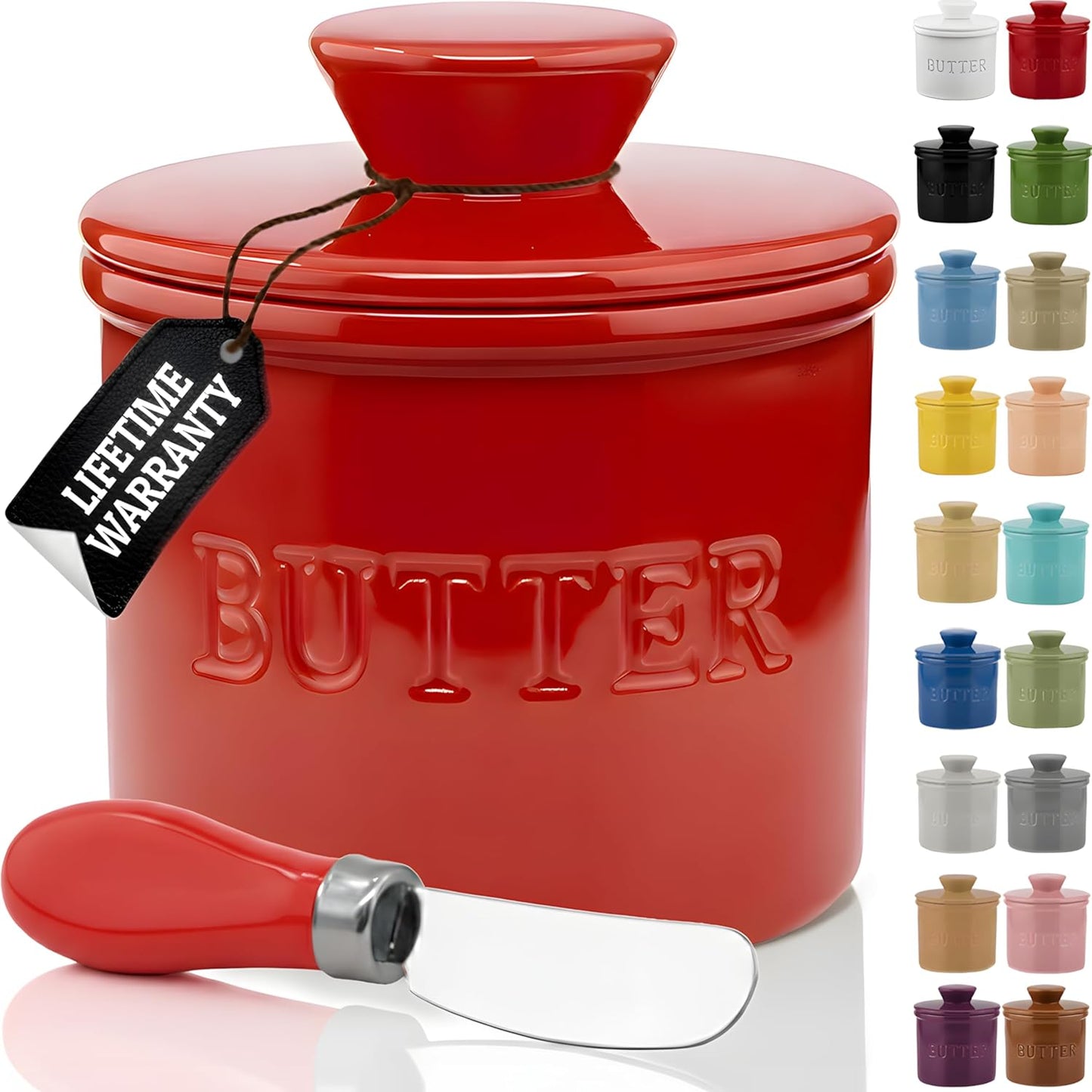 PriorityChef Butter Crock - Ceramic French Butter Dish with Lid & Water Line | Red Color