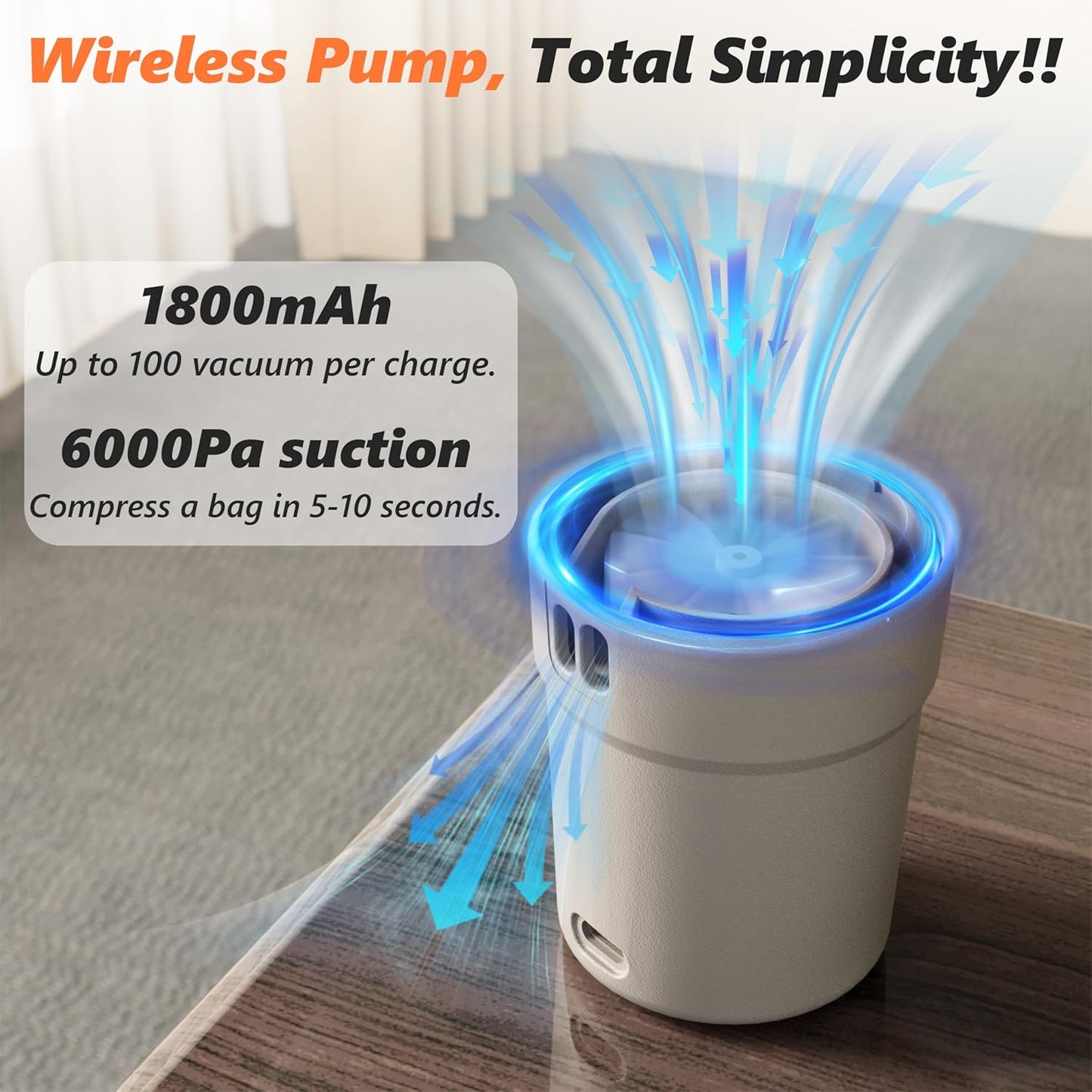 SUOCO Travel Vacuum Pump - Mini USB Rechargeable Cordless Electric Pump for Space Saver Bags - Grey