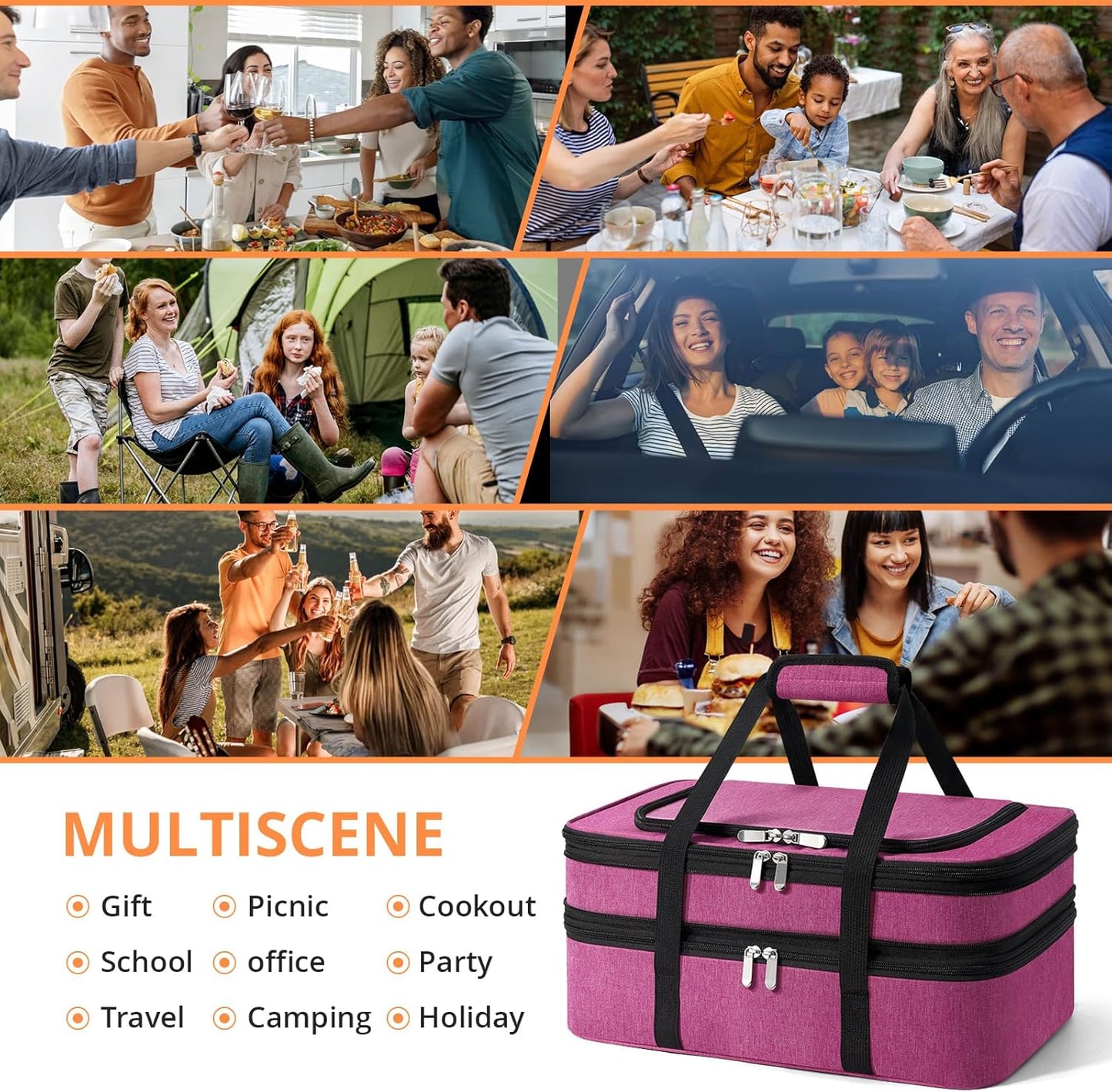 Skiennix Insulated Double Casserole Carrier - Portable Hot/Cold Food Tote Bag for Potlucks | Fits 9" x 13" Dish - Pink