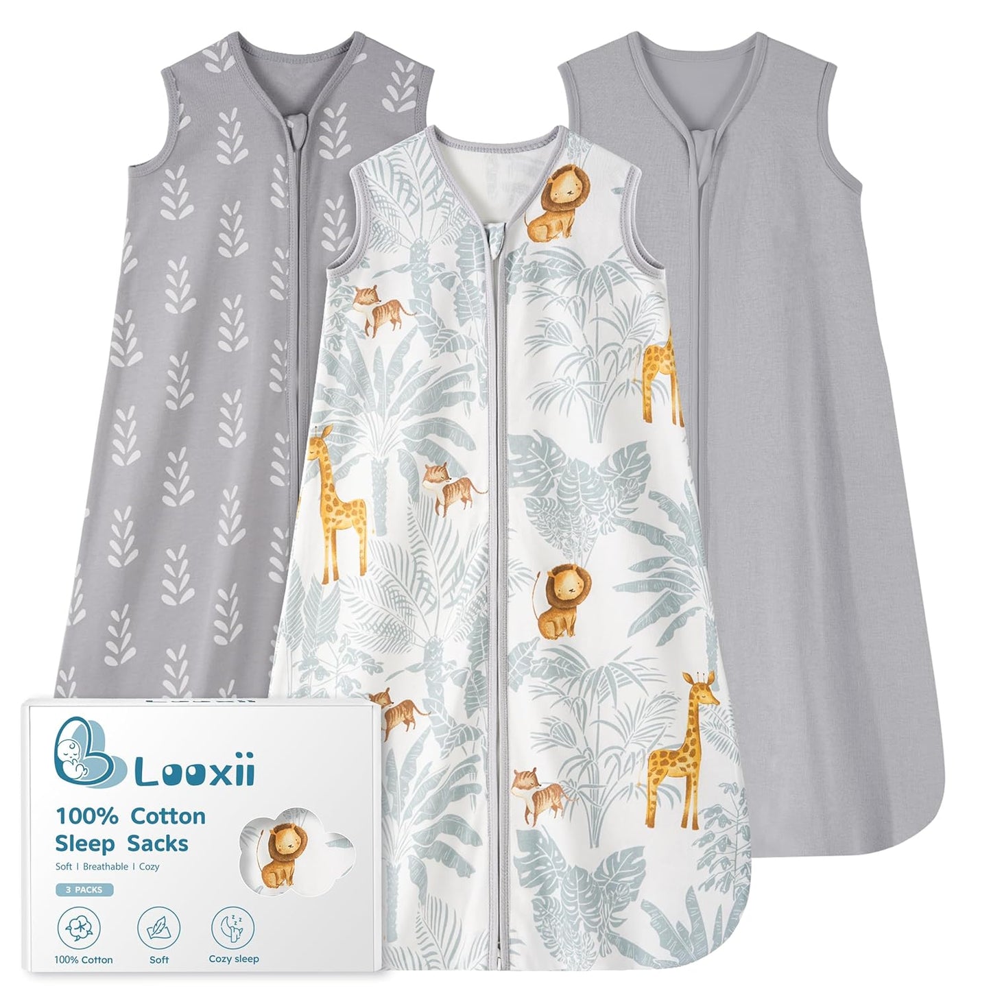 Looxii Baby Sleep Sack - 0.5 TOG 100% Cotton Wearable Blanket | 3-Pack Toddler Sleeping Bag for 12-18 Months