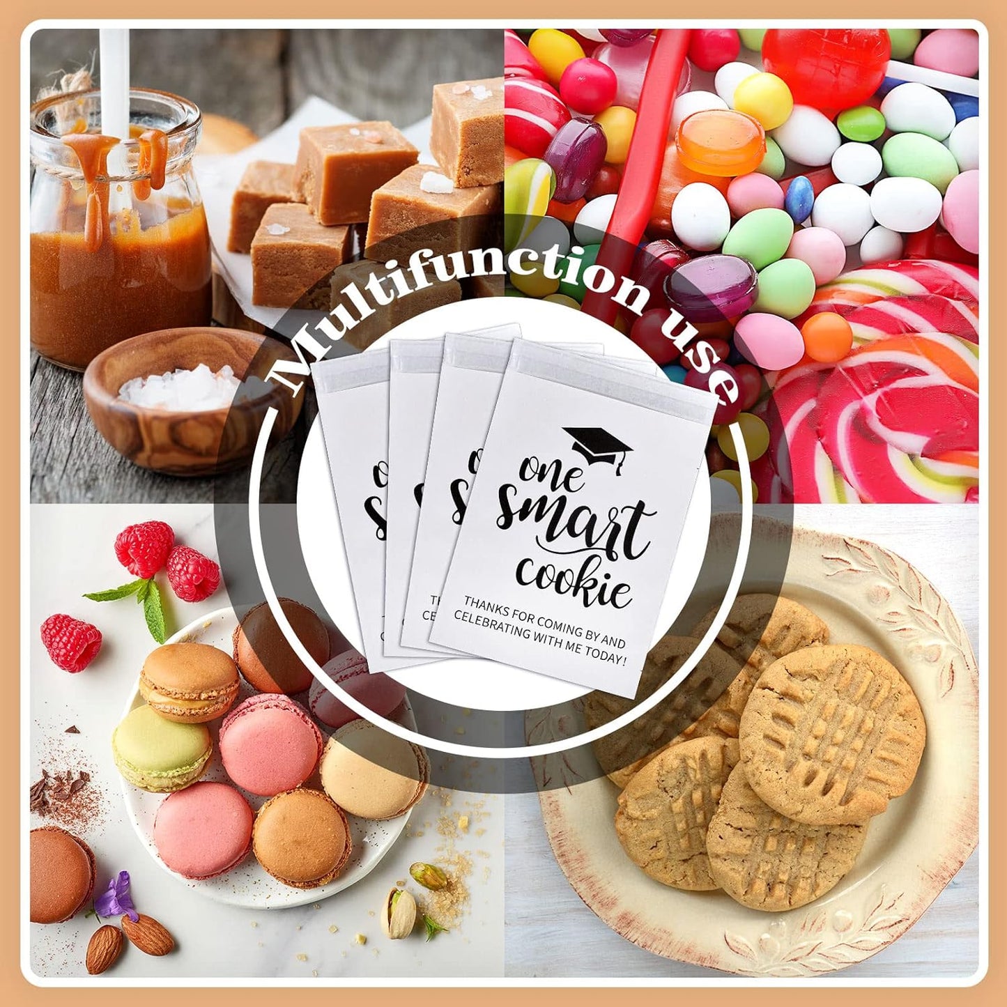 Whaline Graduation Candy Gift Bags - 100 Pack Self-Adhesive White Kraft Treat Bags for 2026 Celebrations